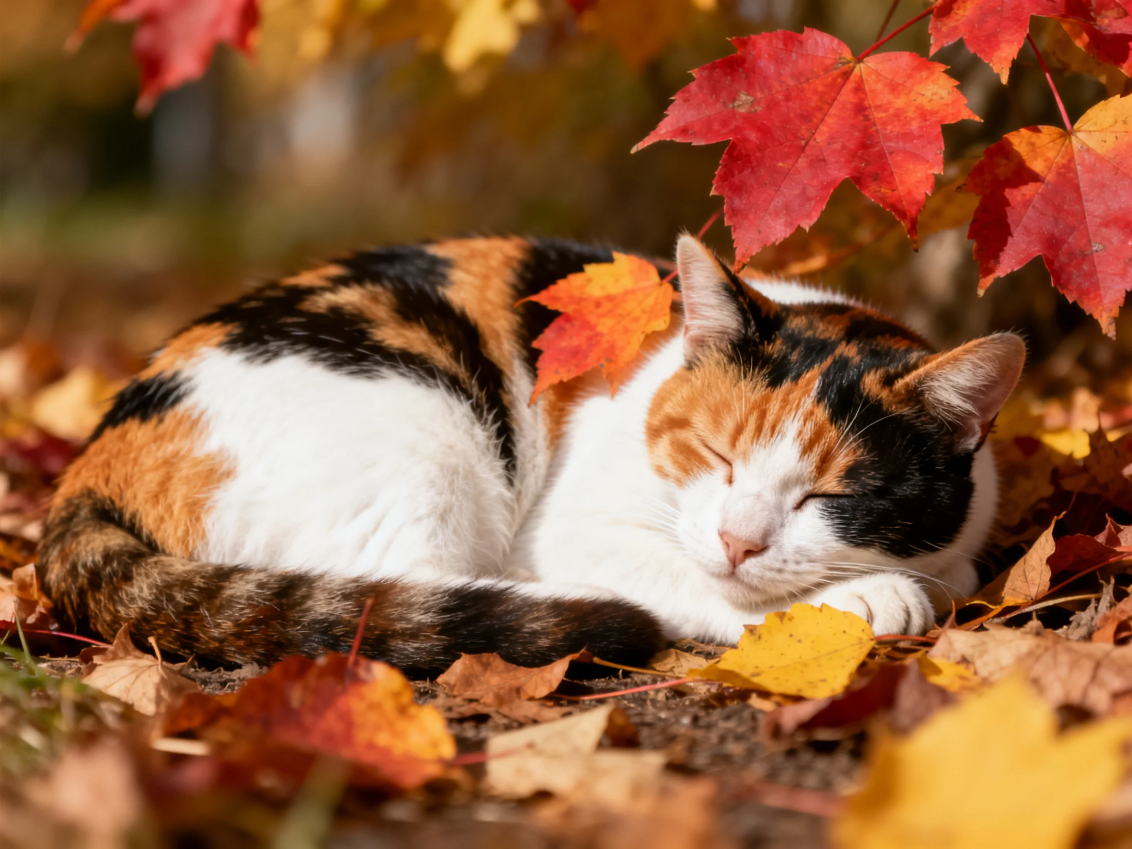 A calico cat sleeps among vibrant autumn maple leaves