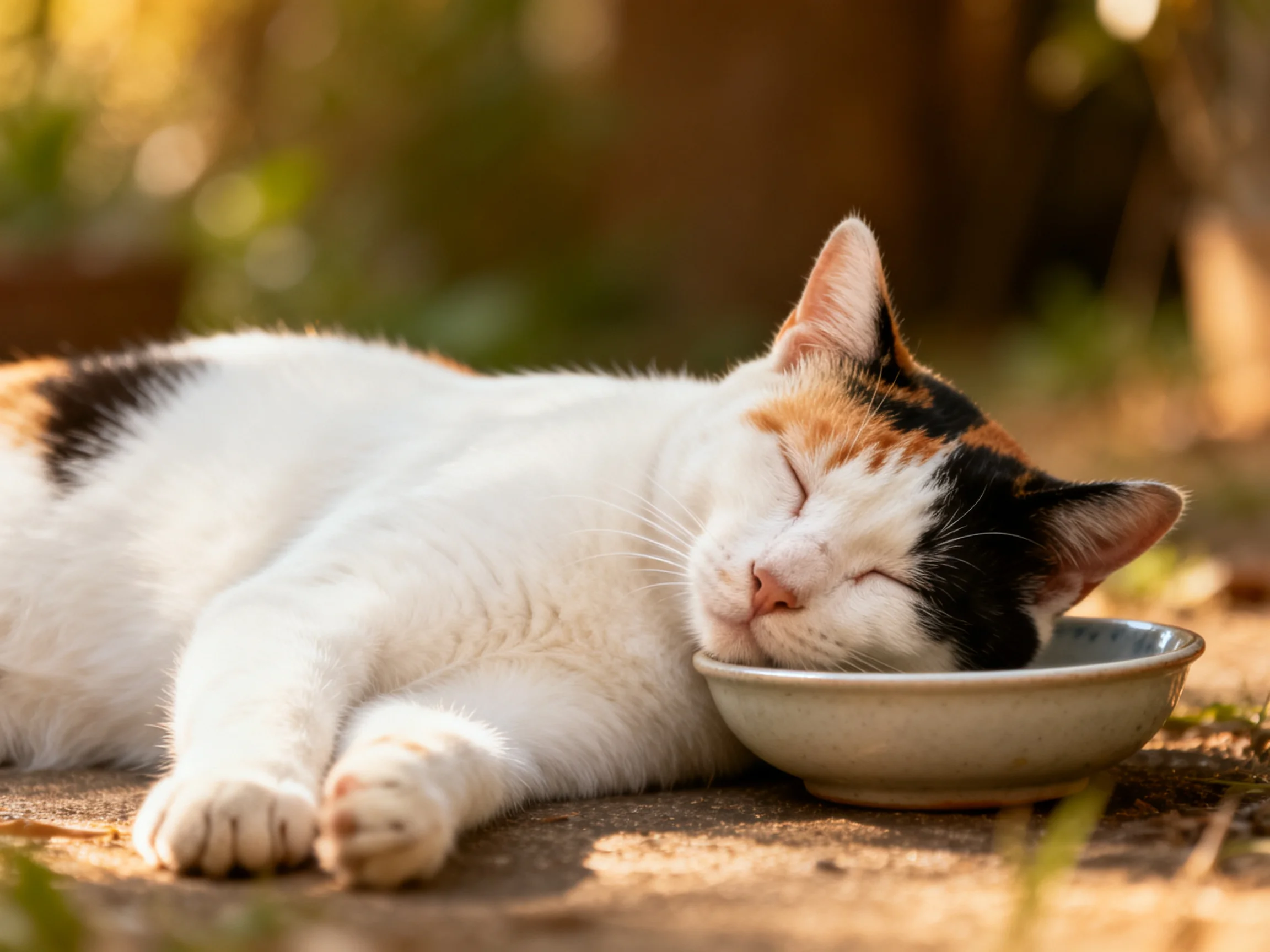 A calico cat rests near a bowl in bright daylight.