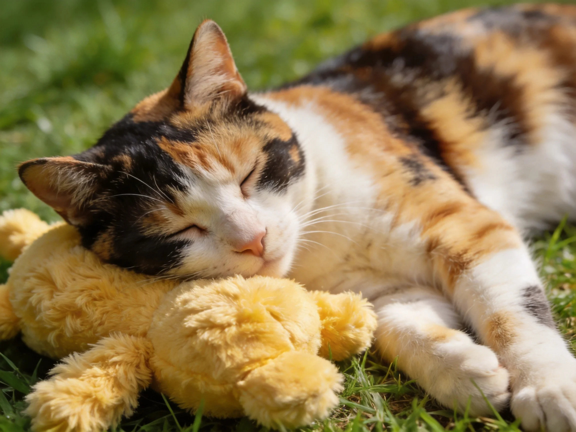 A calico cat sleeps next to a yellow stuffed toy on grass.