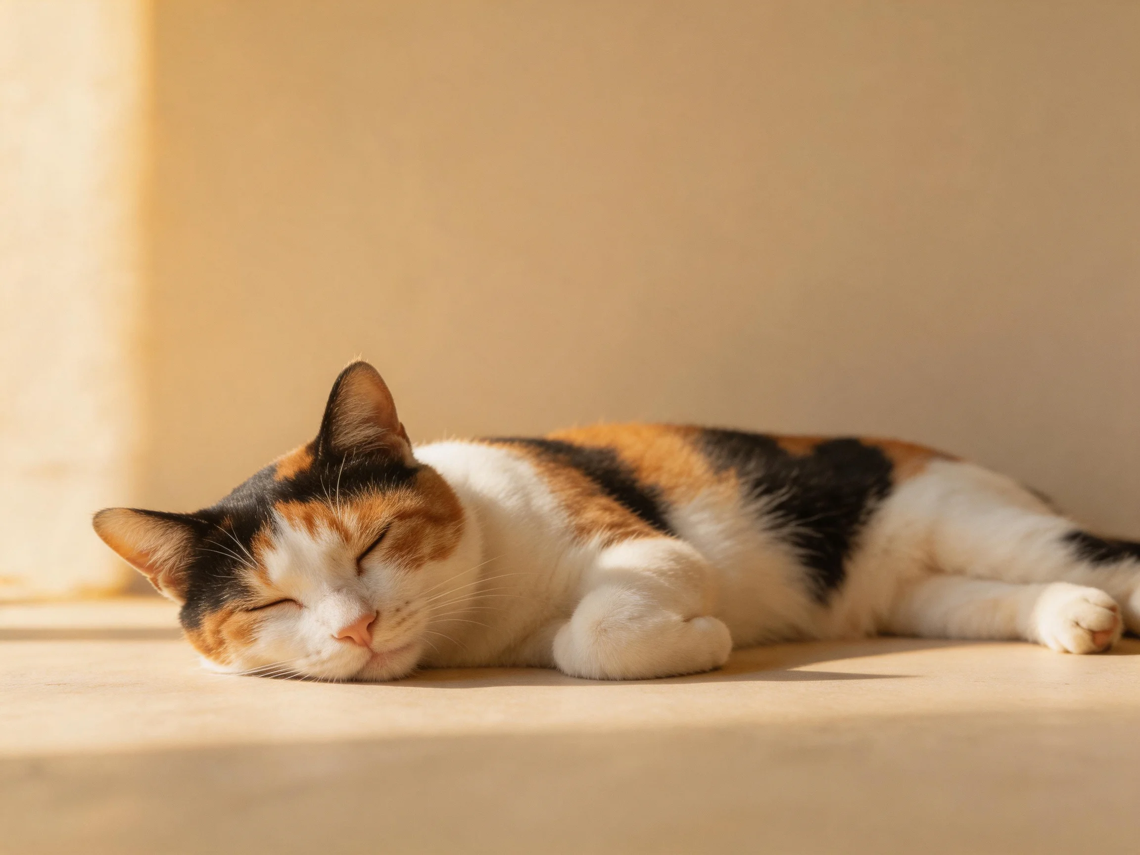 A calico cat sleeps contentedly beside a plain beige wall in sunlight