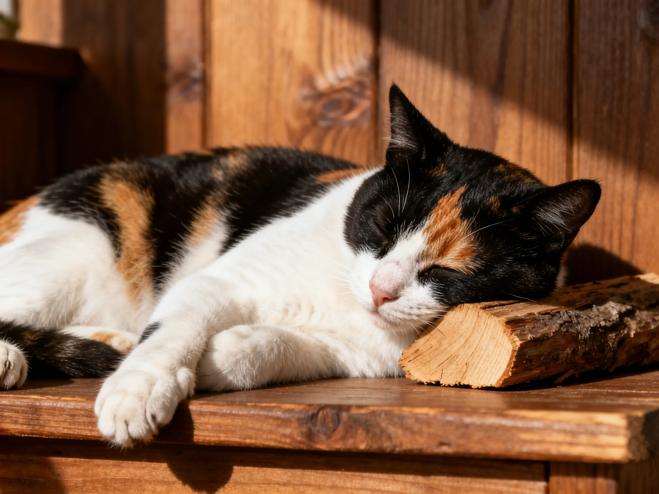 A calico cat rests beside a wooden log on a sunlit wooden surface