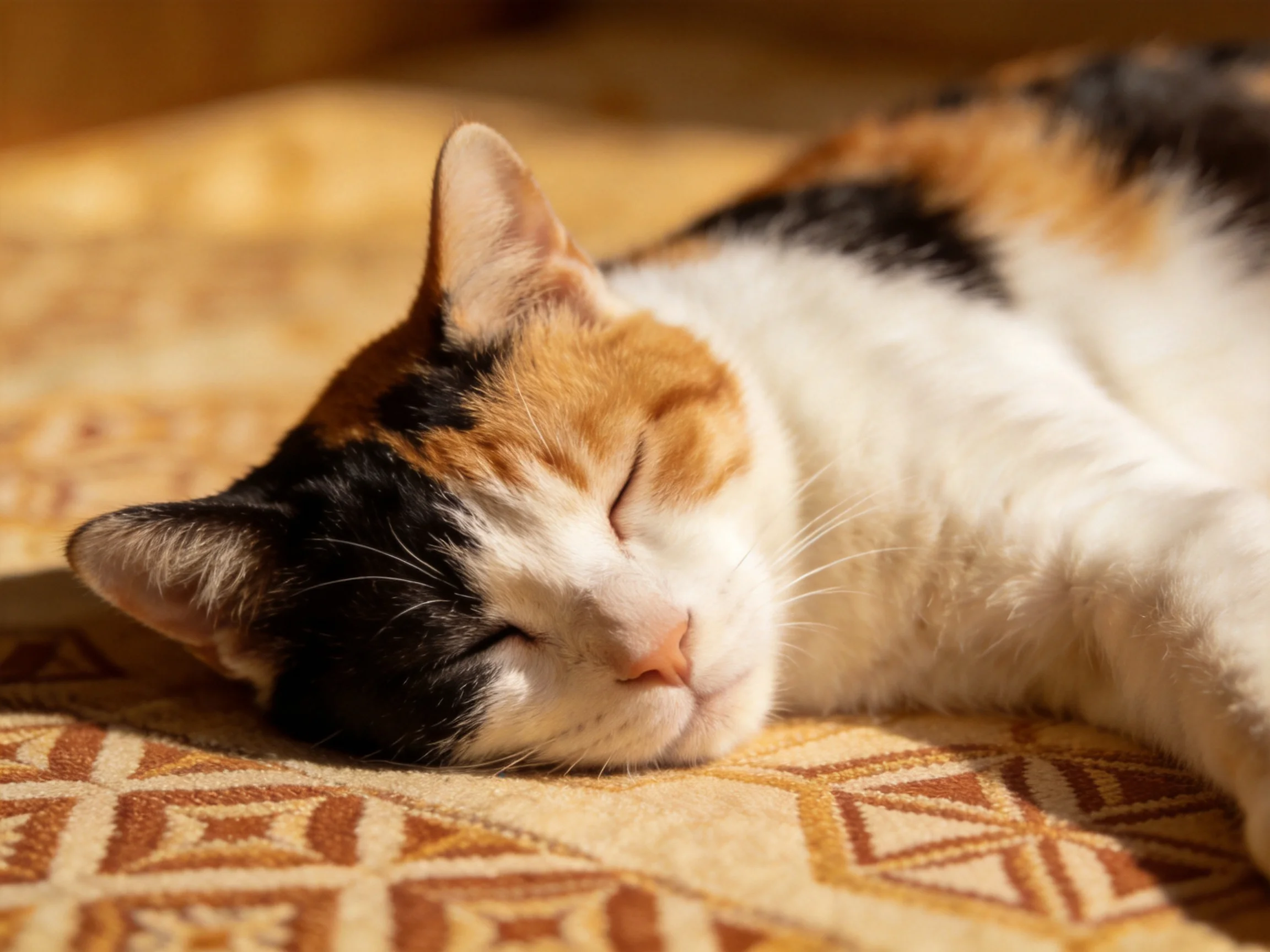 A calico cat sleeps on a patterned fabric in warm light