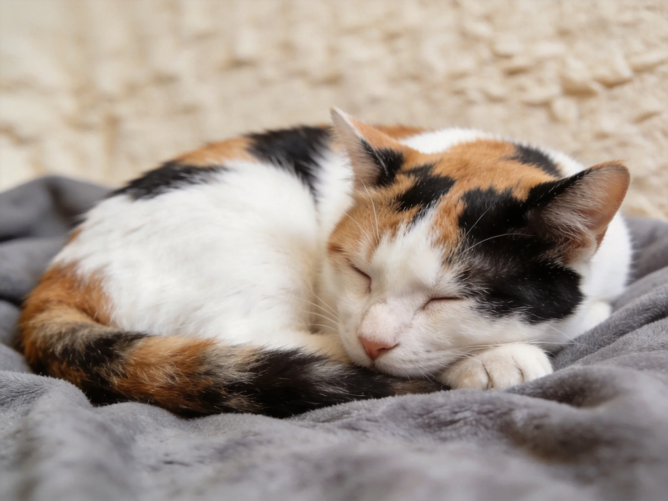 A calico cat rests on a gray blanket near a textured wall
