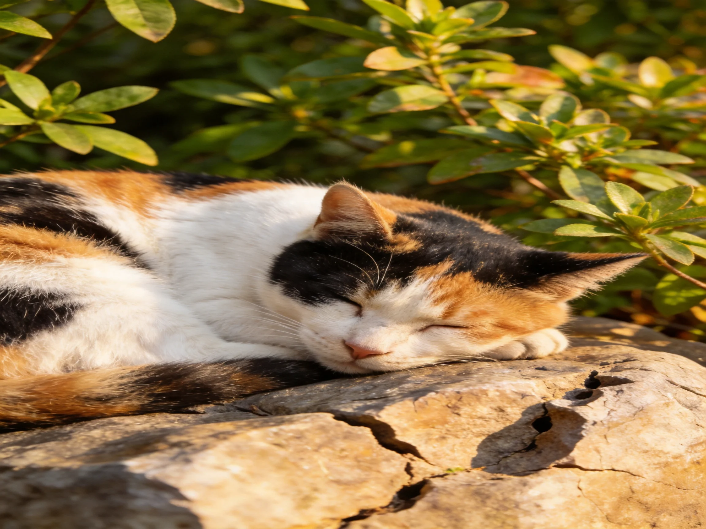 A calico cat rests on a sunlit stone amid greenery.