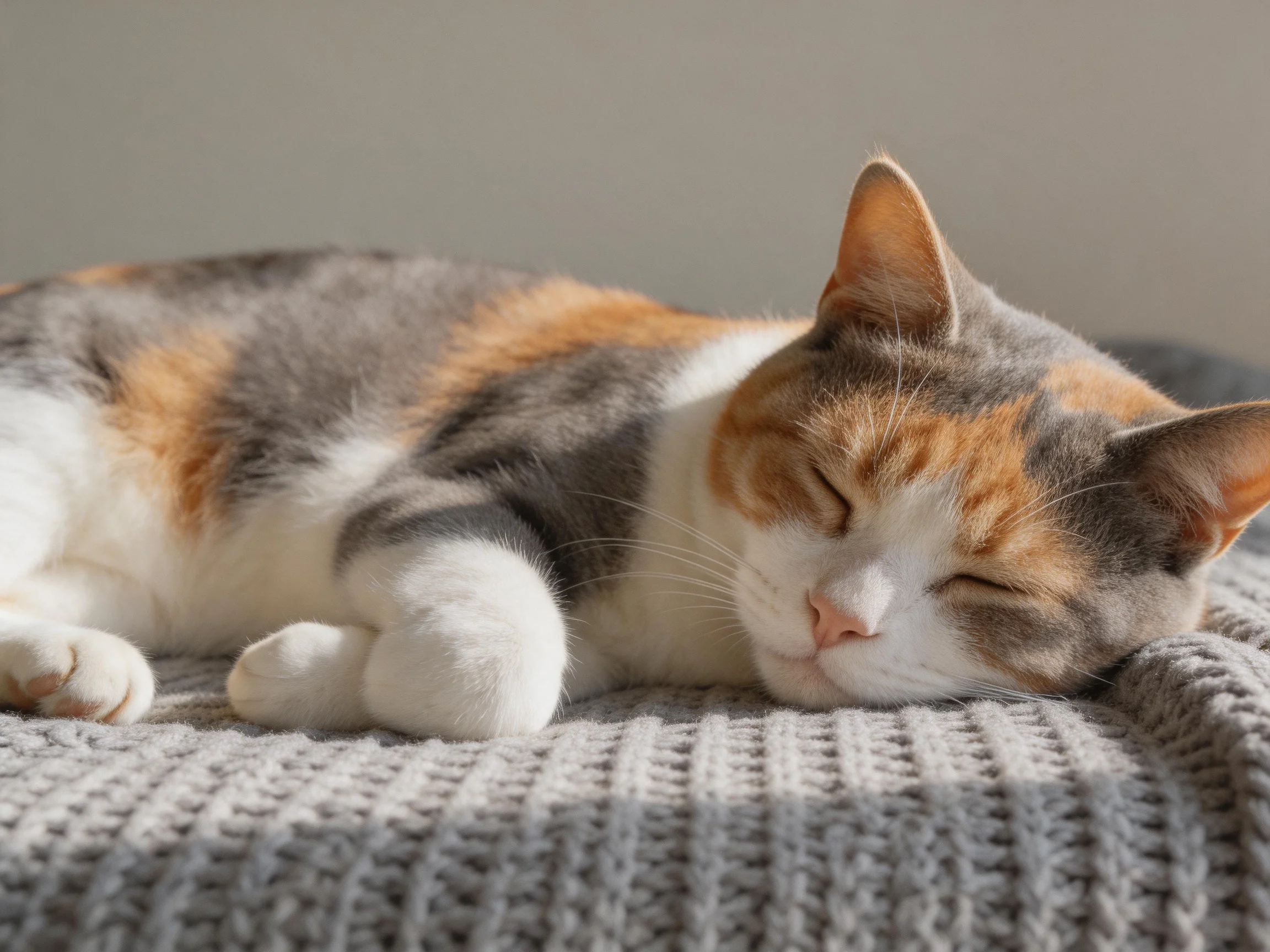 A calico cat rests on a gray blanket in a peaceful environment.