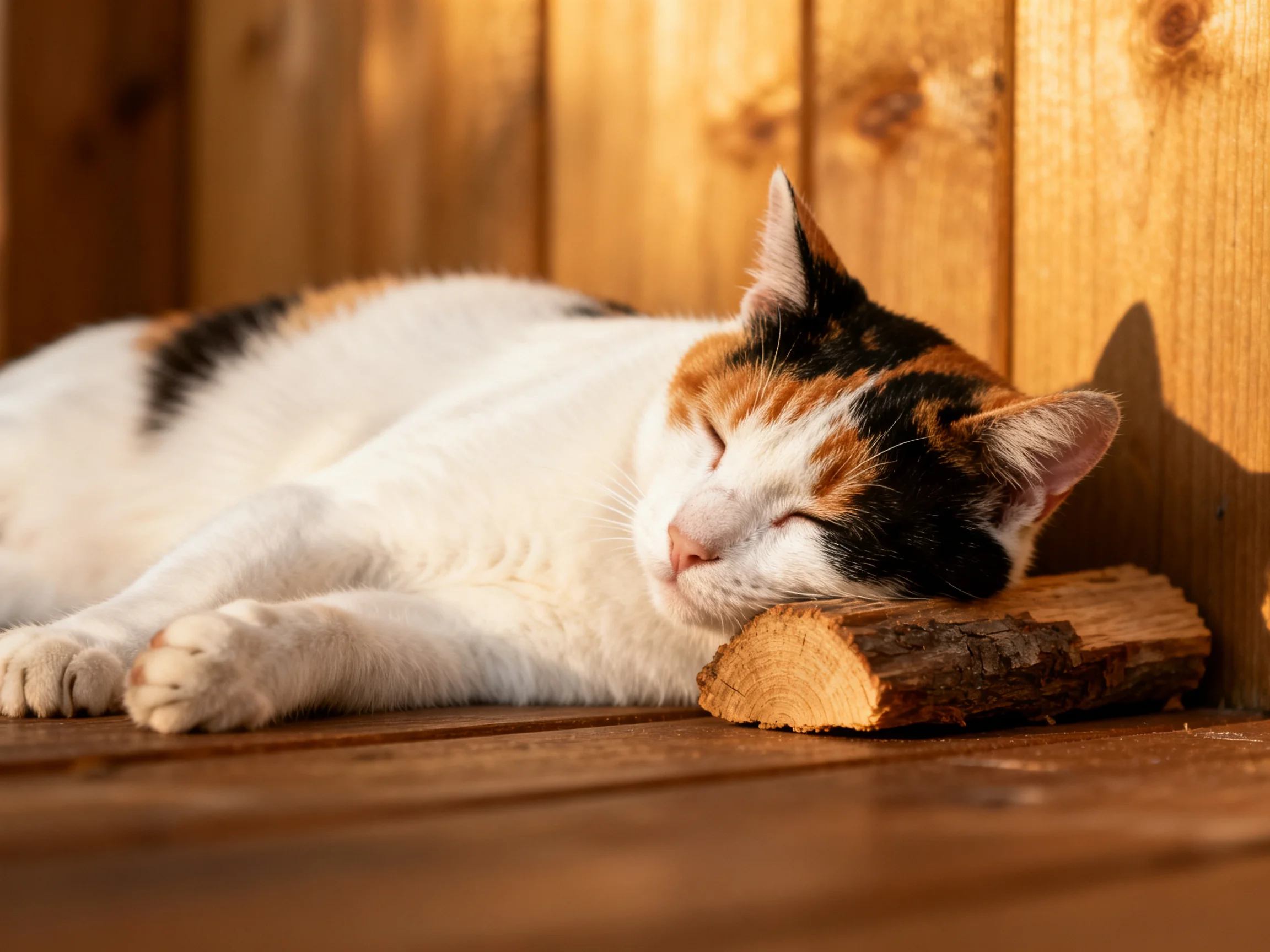 A calico cat sleeps peacefully beside a wooden log near a wooden fence