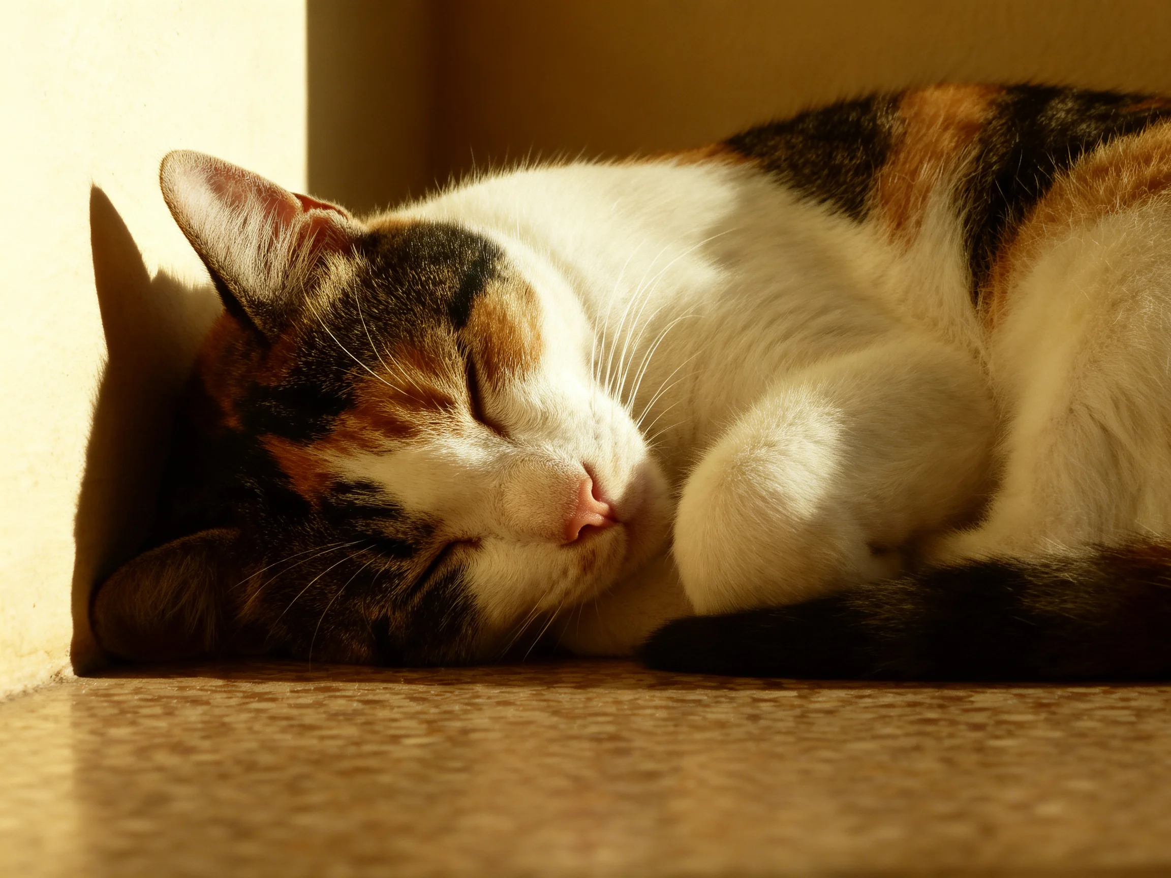 A calico cat sleeps peacefully in a sunlit corner with warm tones