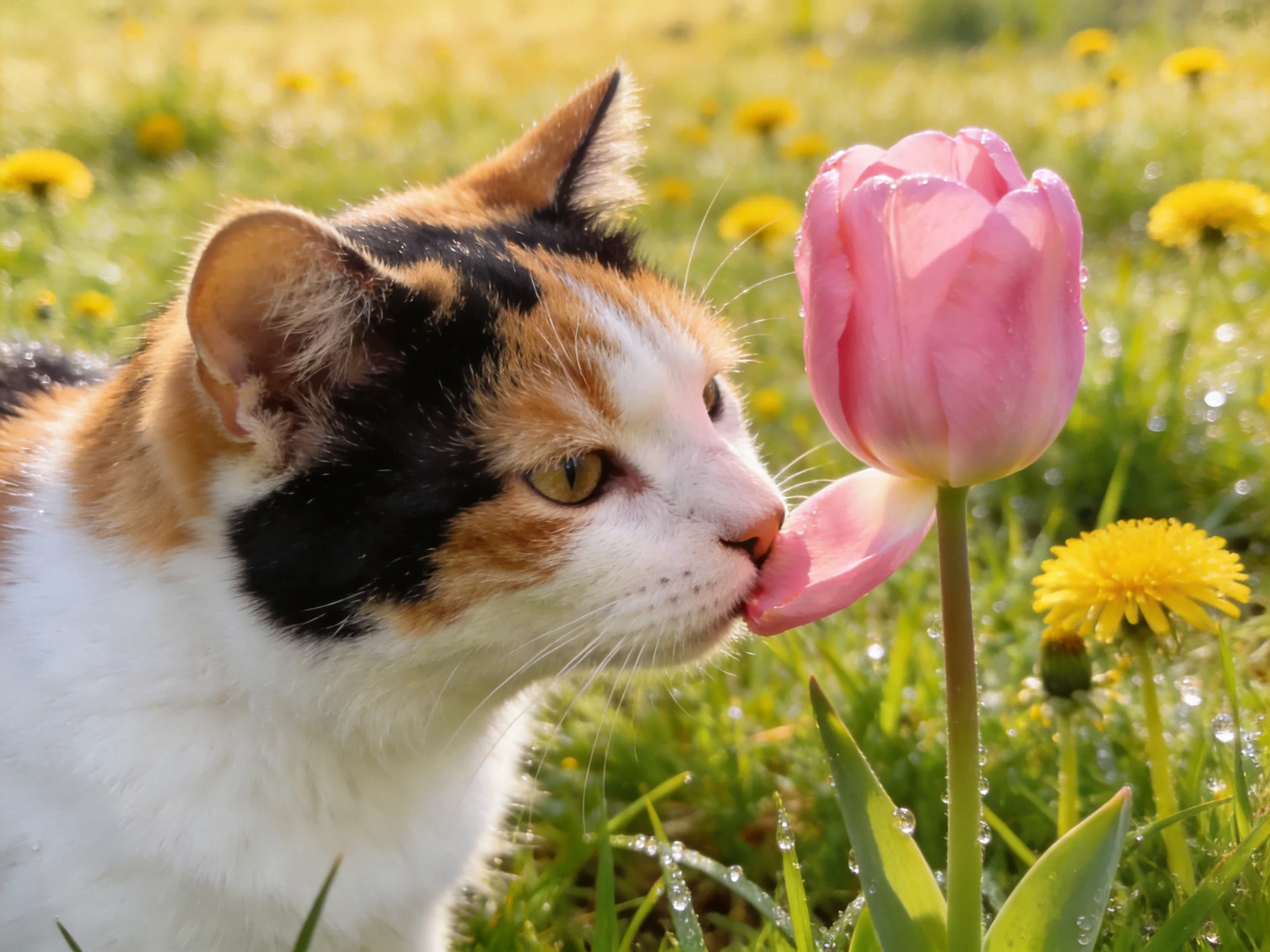 A calico cat sniffs a pink tulip amid green grass and yellow dandelions