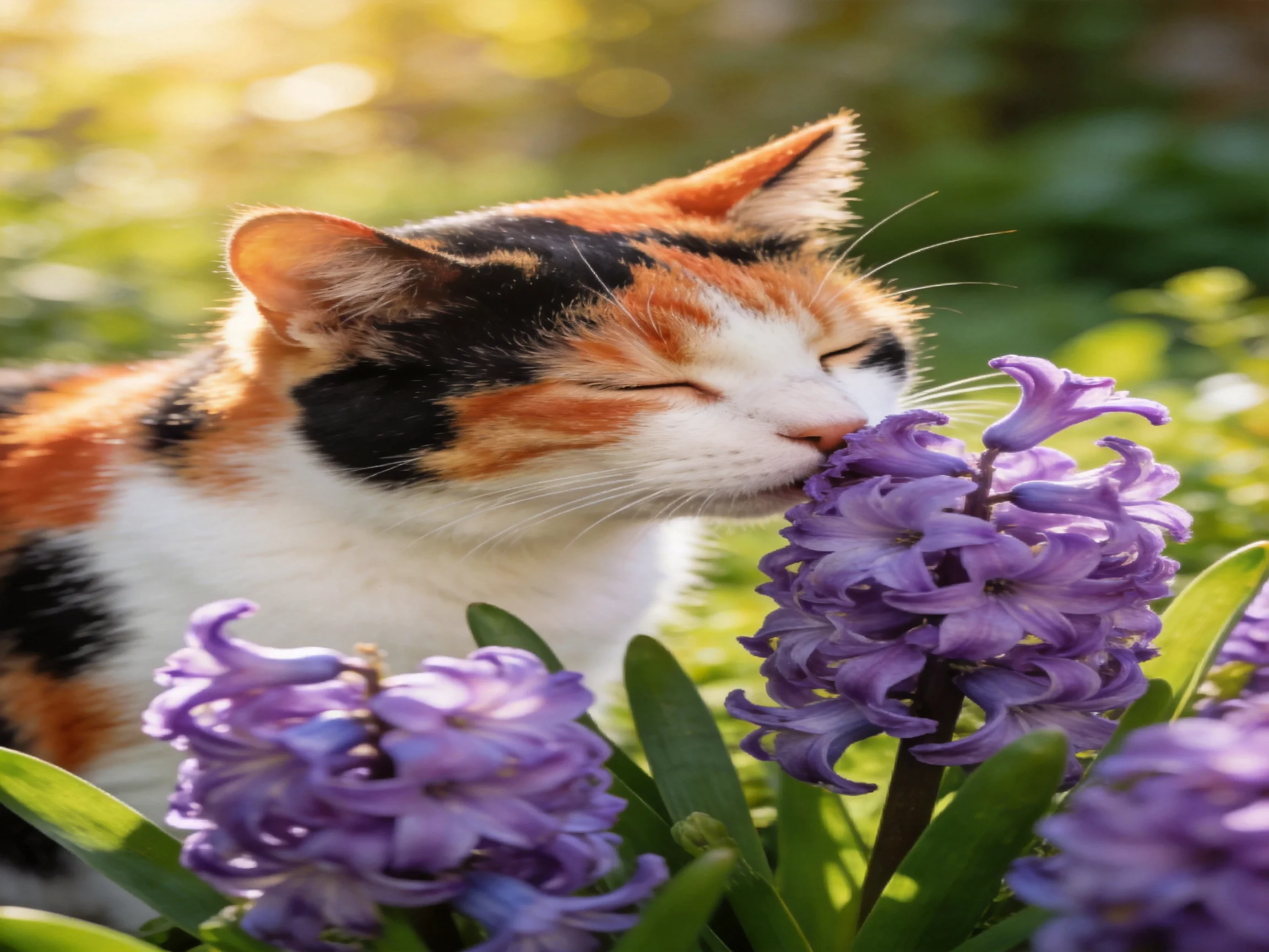A calico cat sniffs vibrant purple hyacinths in a sunlit garden