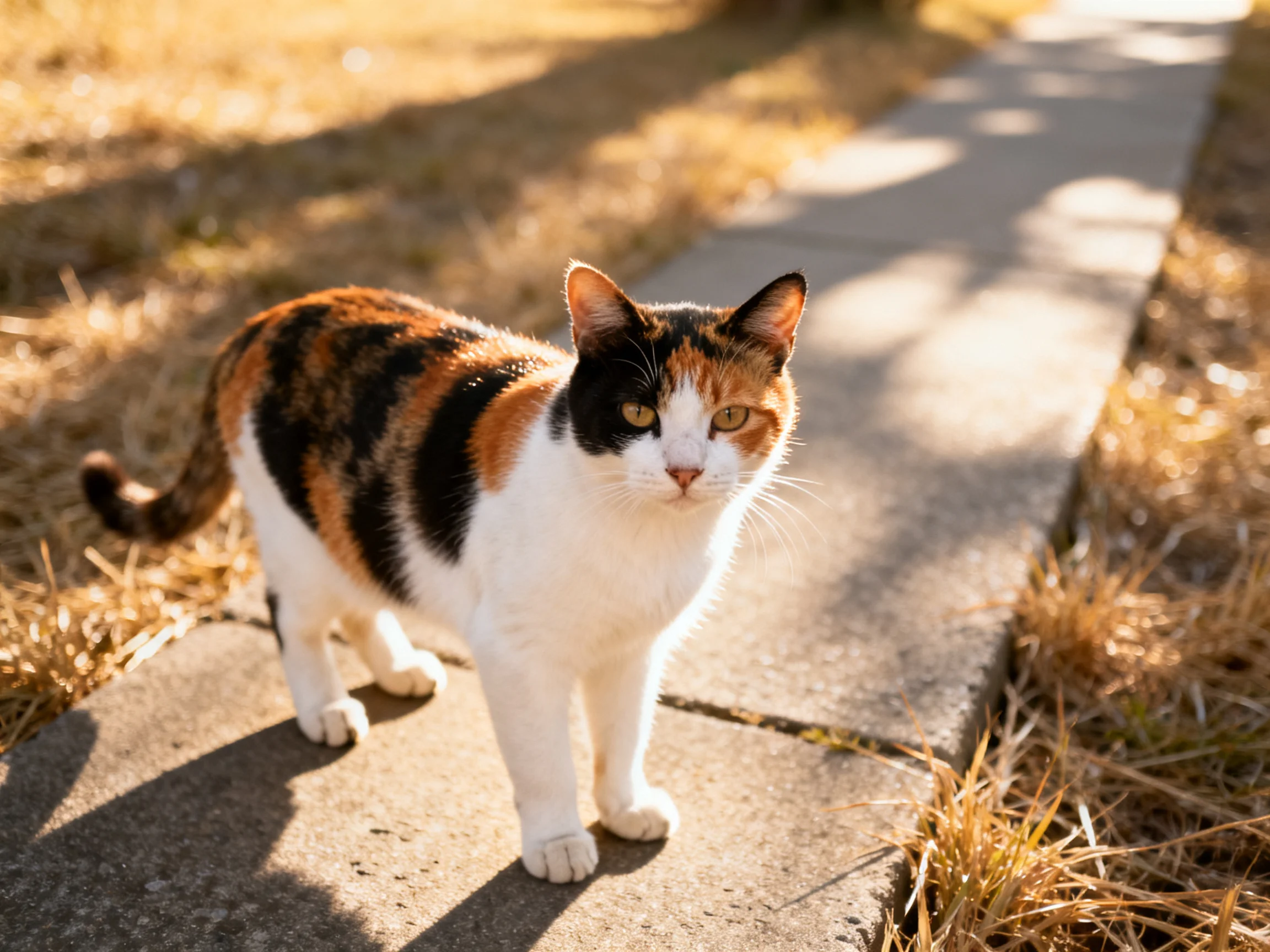 A calico cat stands on a sunlit concrete path near dry grass