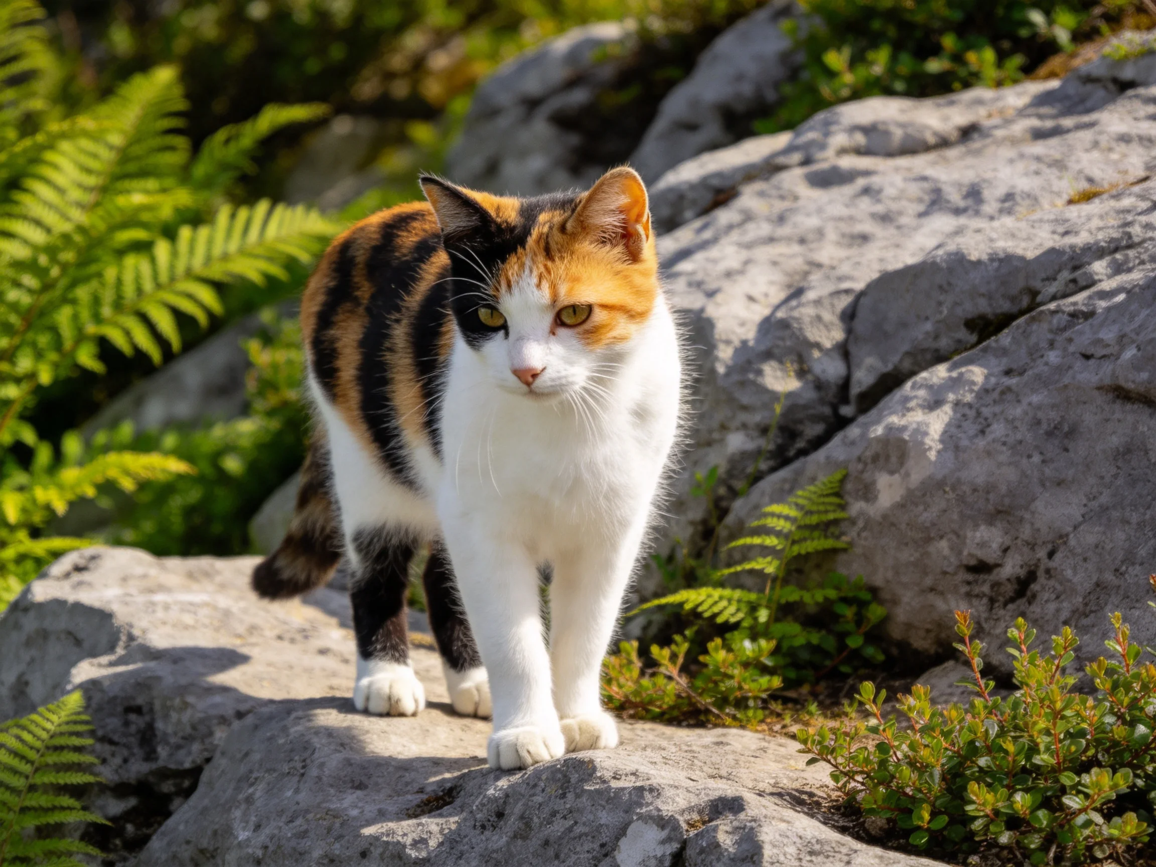 A calico cat stands on rocky terrain amid lush ferns