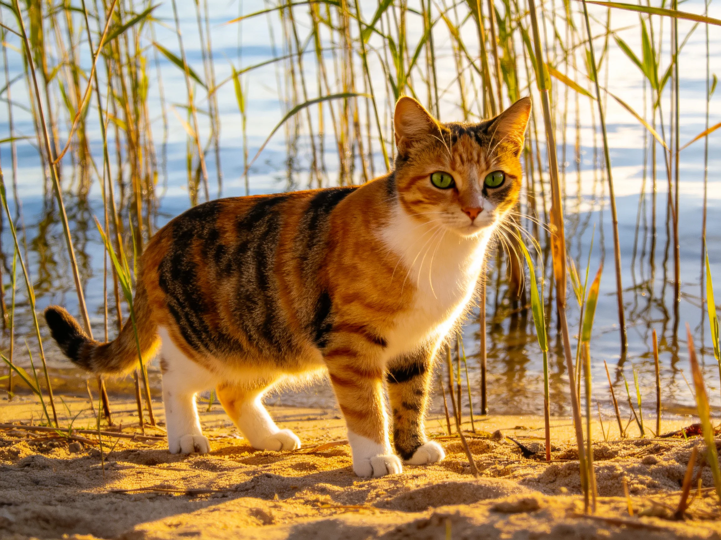 A calico cat stands on sandy shore by tall green reeds