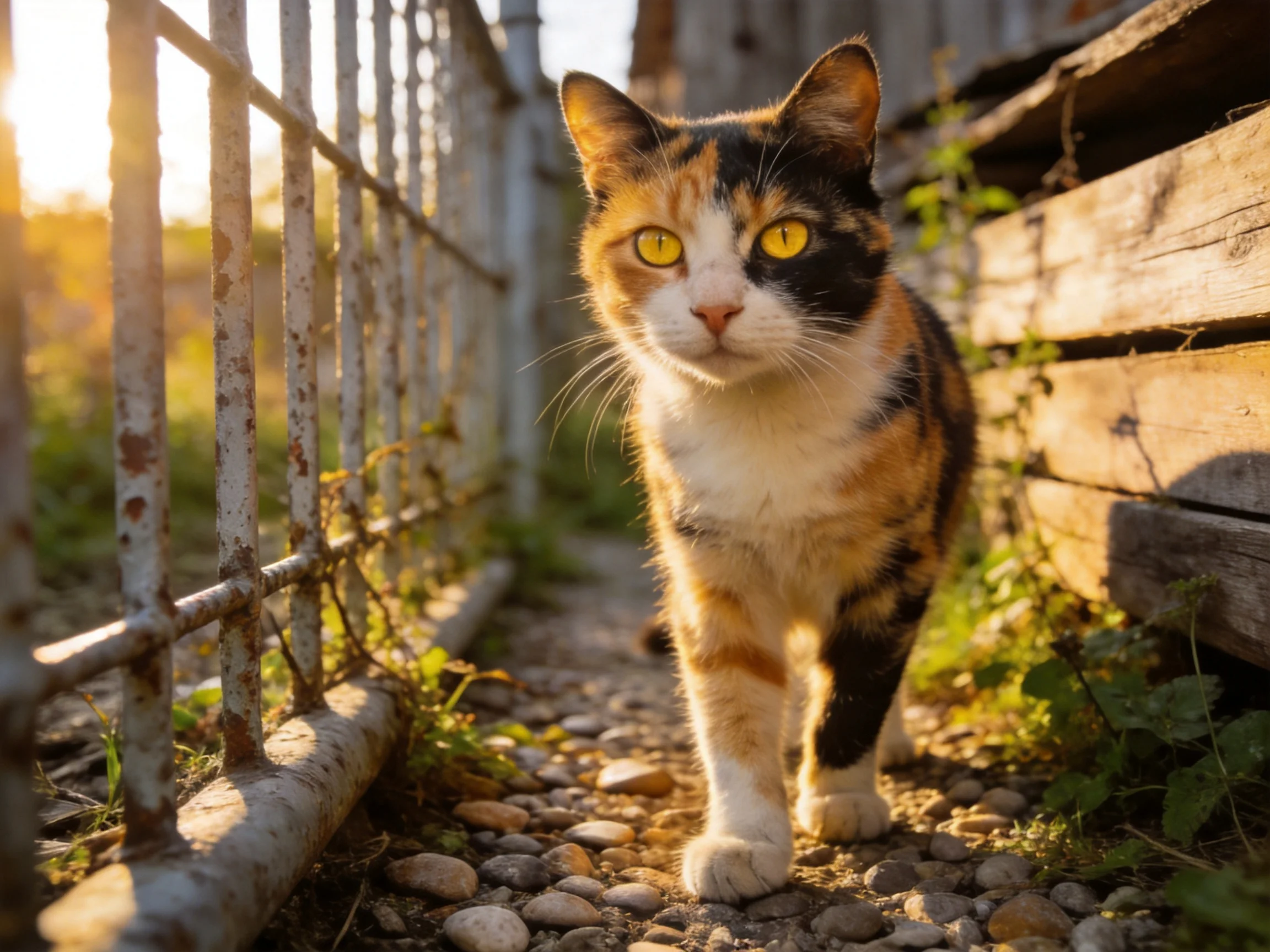 A calico cat walks along a rusty fence near weathered wood under golden light