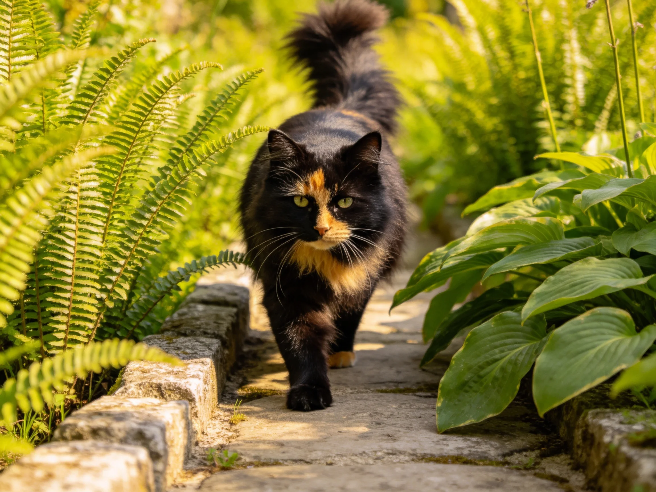 A calico cat walks on a stone path amid lush green plants