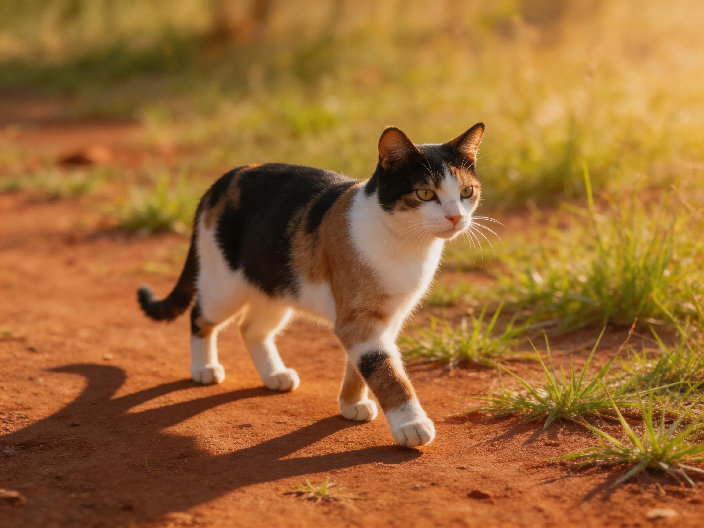 A calico cat moves along a sunlit reddish dirt path beside green grass.