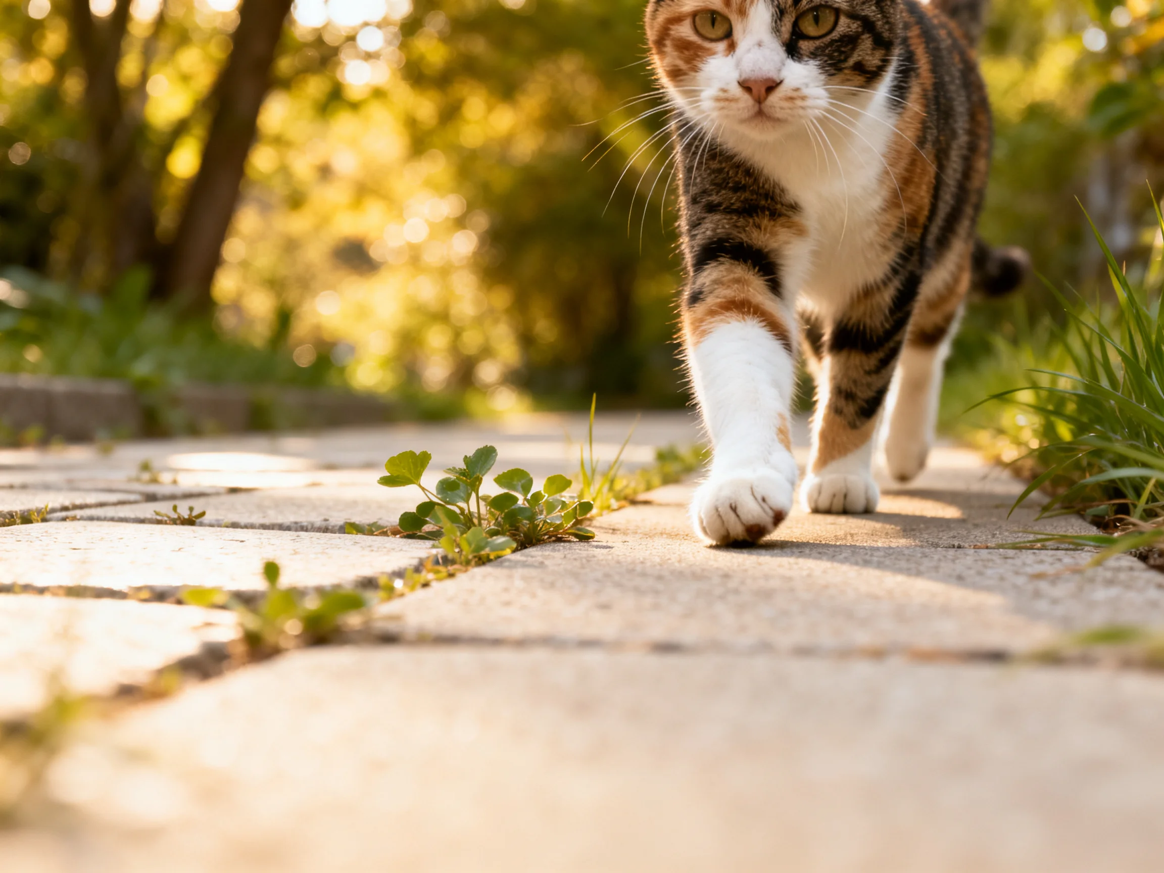 A calico cat walks on a sunlit stone path near greenery.