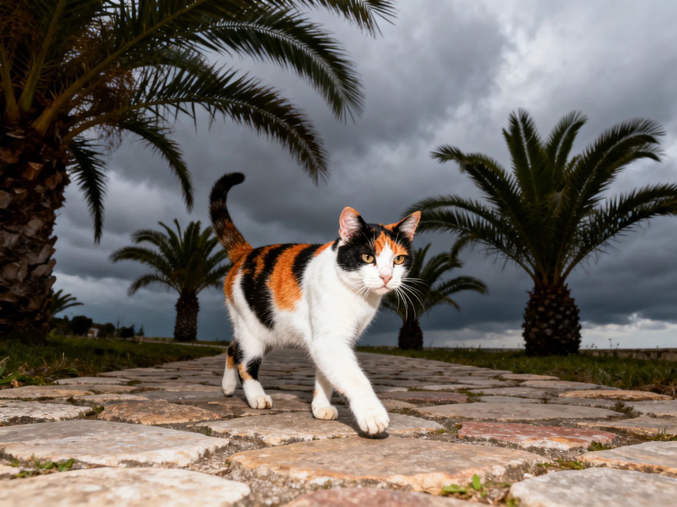 A calico cat walks along cobblestones near palm trees under stormy skies