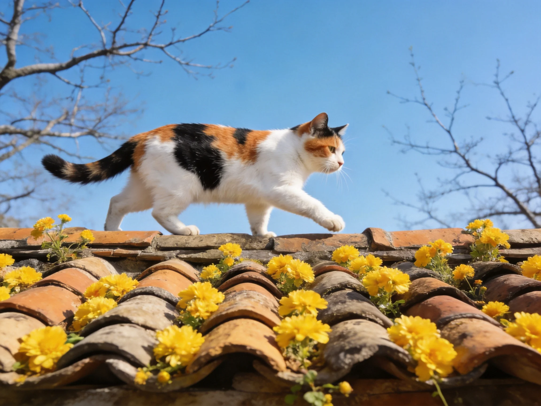 A calico cat moves across a flower-covered roof in bright daylight.