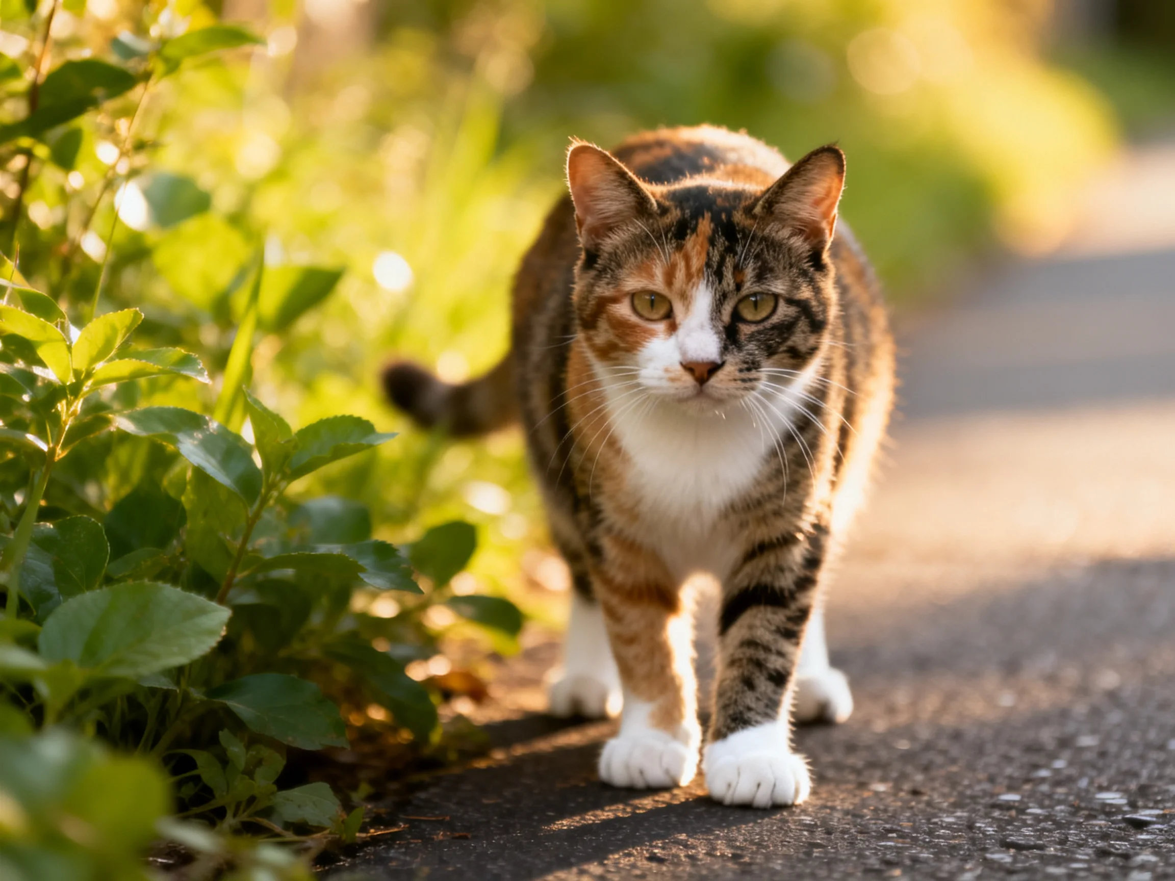 A calico cat walks on a sunlit path near greenery.