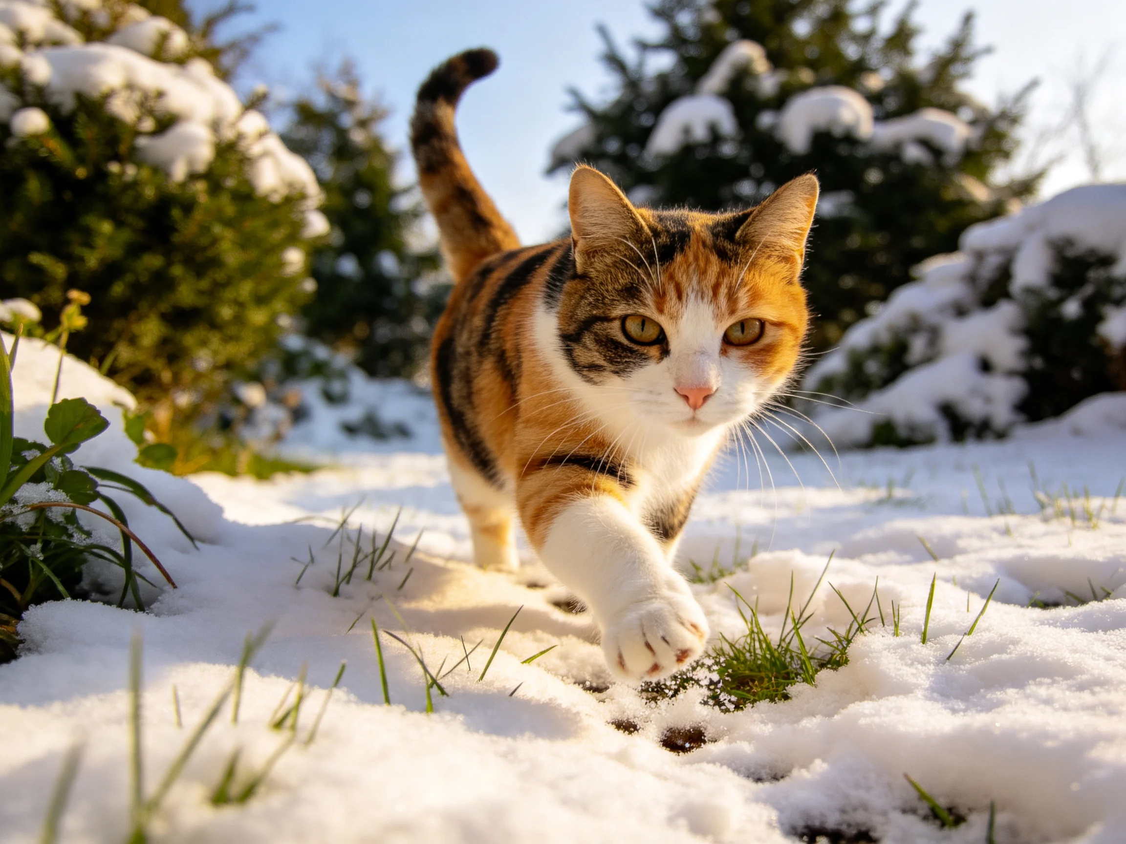 A calico cat explores a snowy landscape near snow-laden trees.