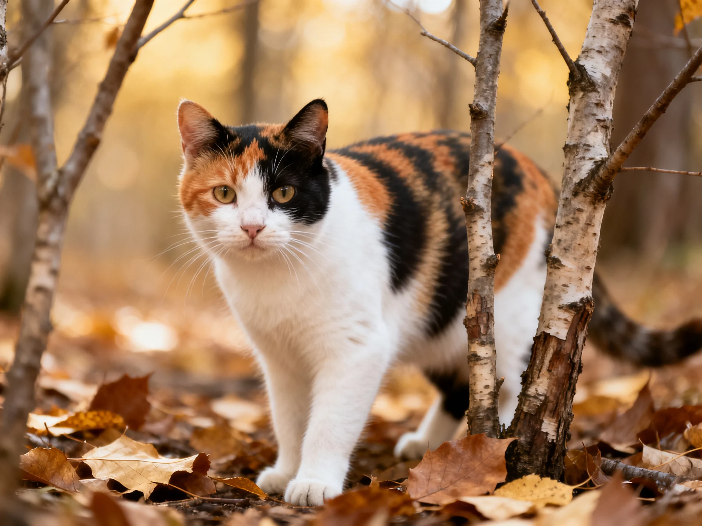 A calico cat wanders through an autumn forest with fallen leaves