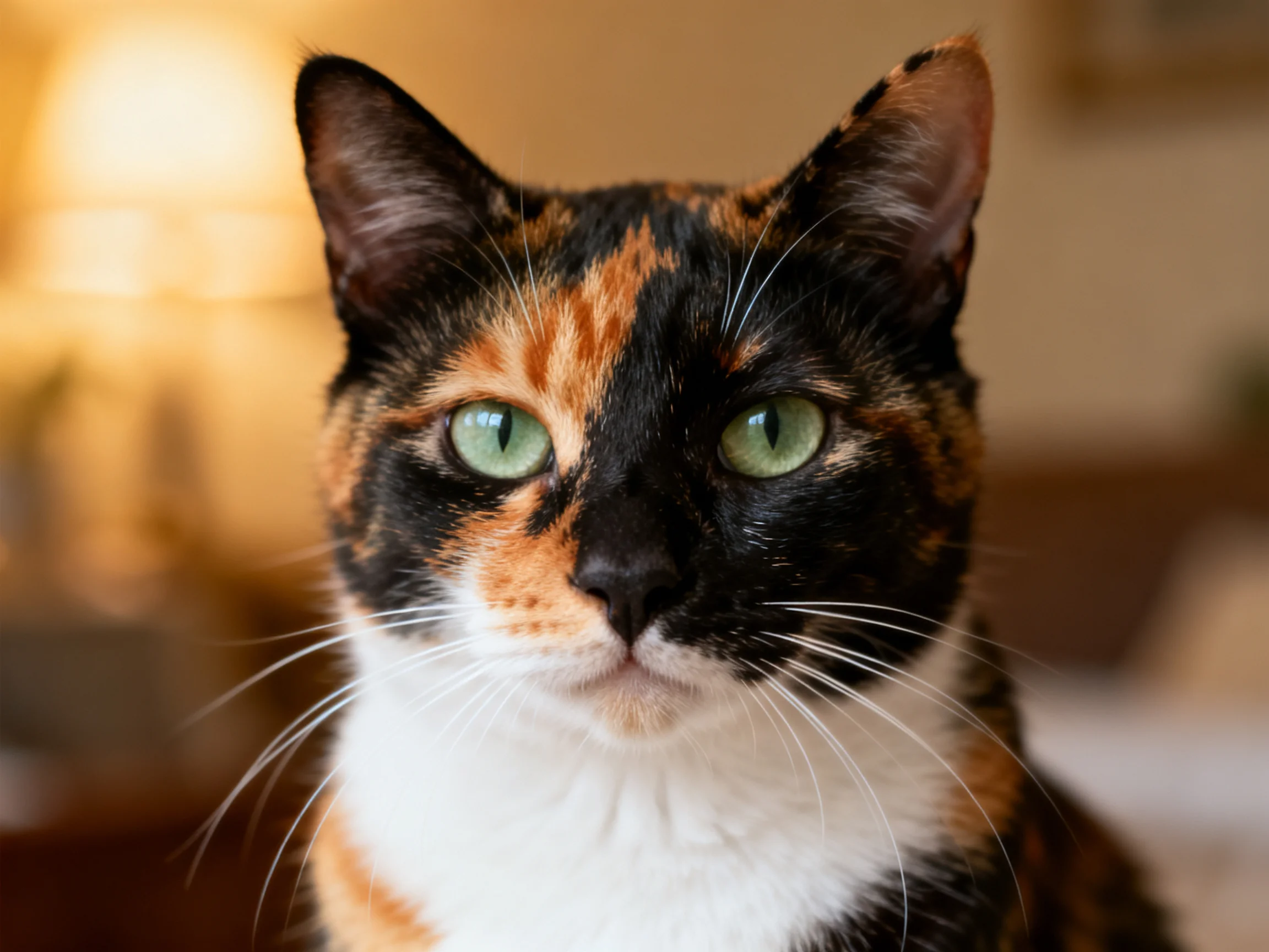 A calico cat with green eyes sits calmly in an indoor setting.