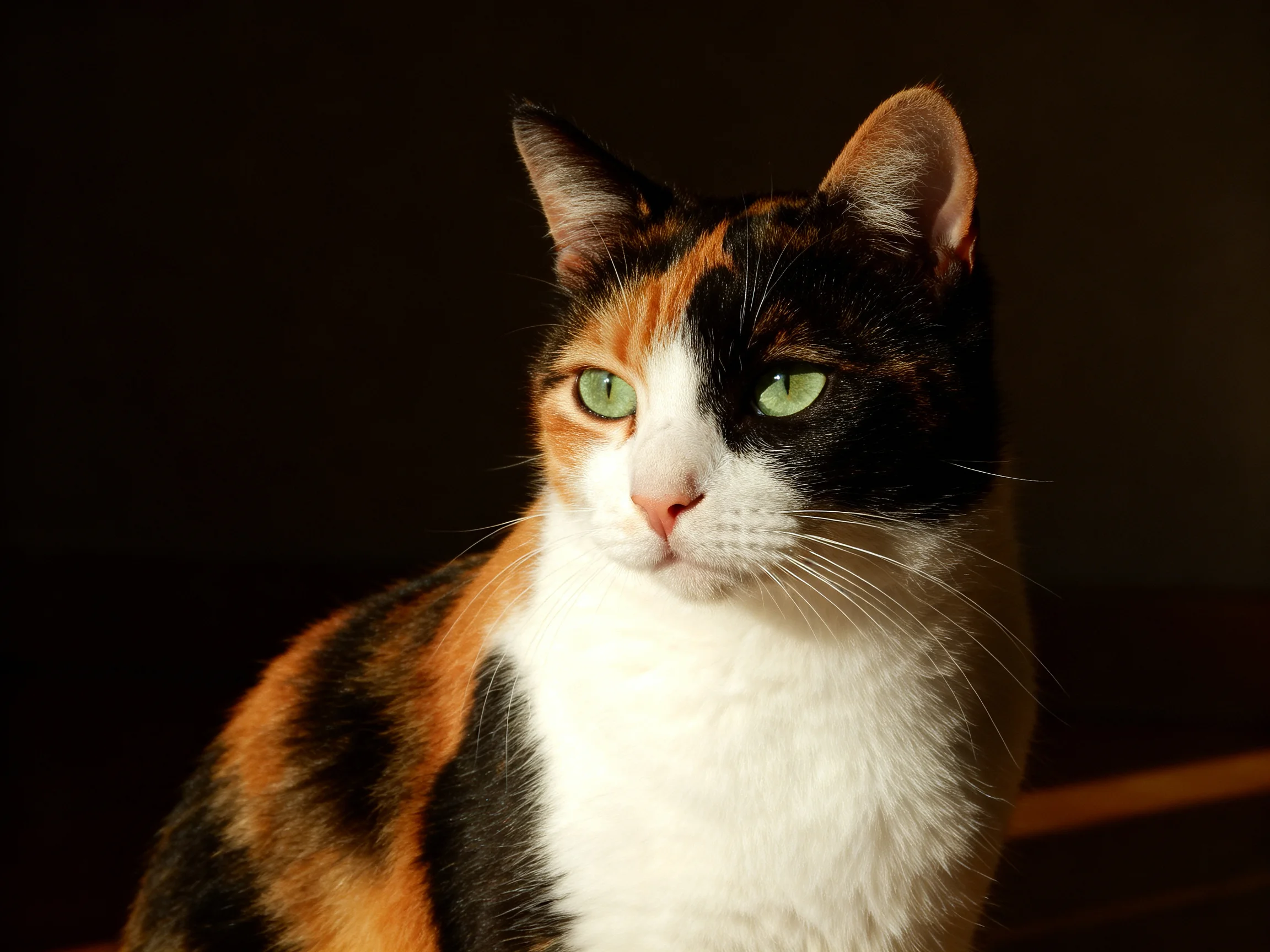 A calico cat with distinct color patches sits against a dark background.