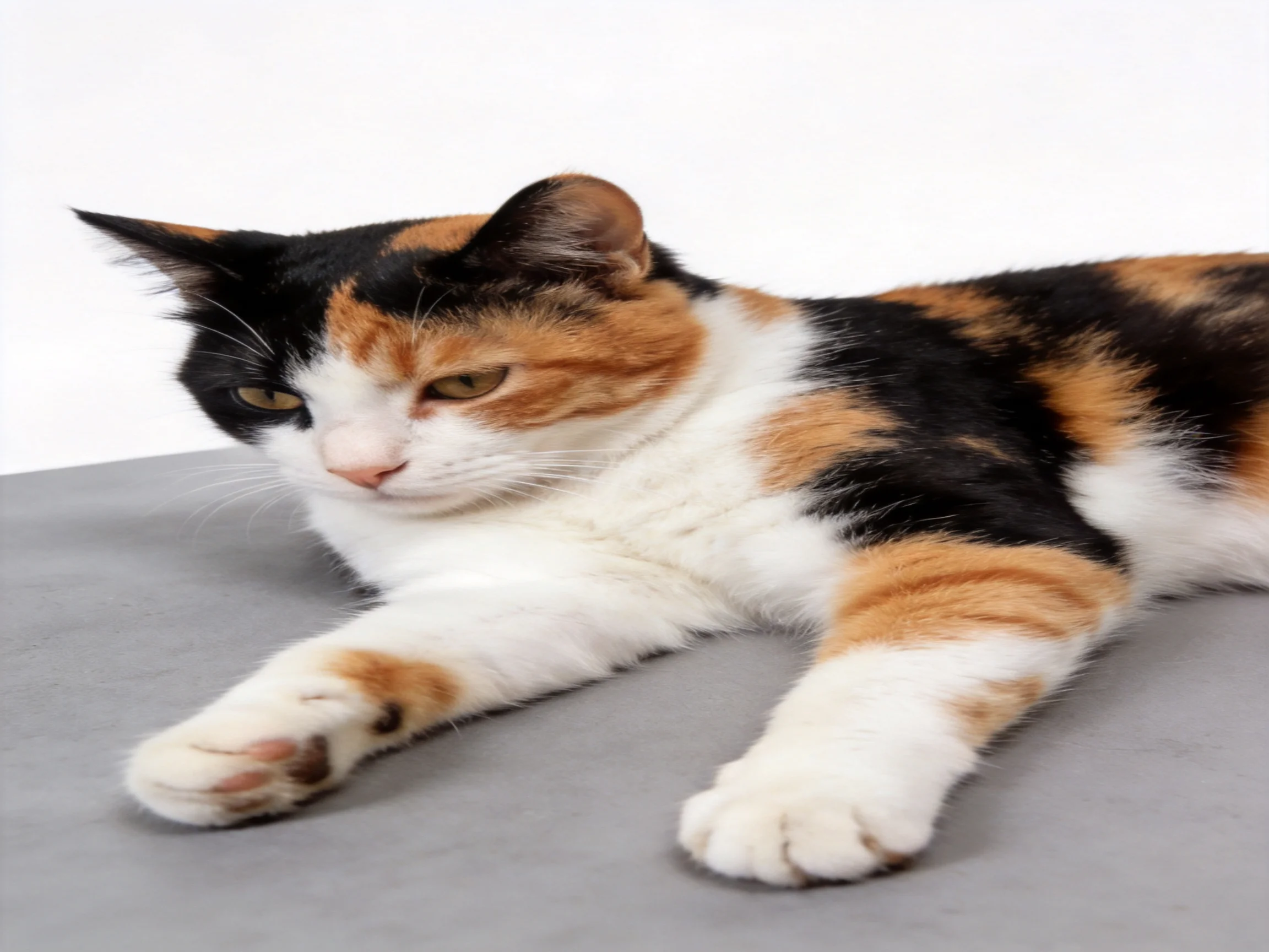 A calico cat with black, orange, and white fur rests on a gray fabric.