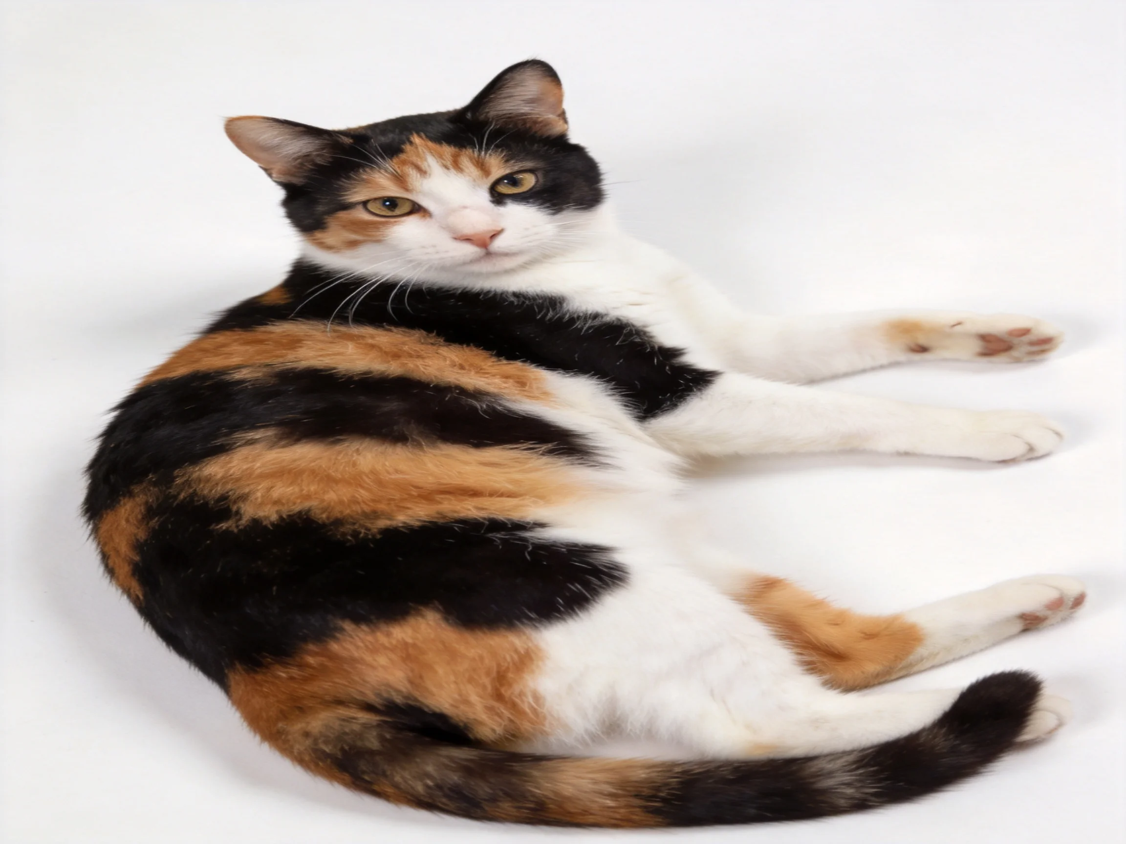 A calico cat with black, orange, and white fur reclines on a white surface.