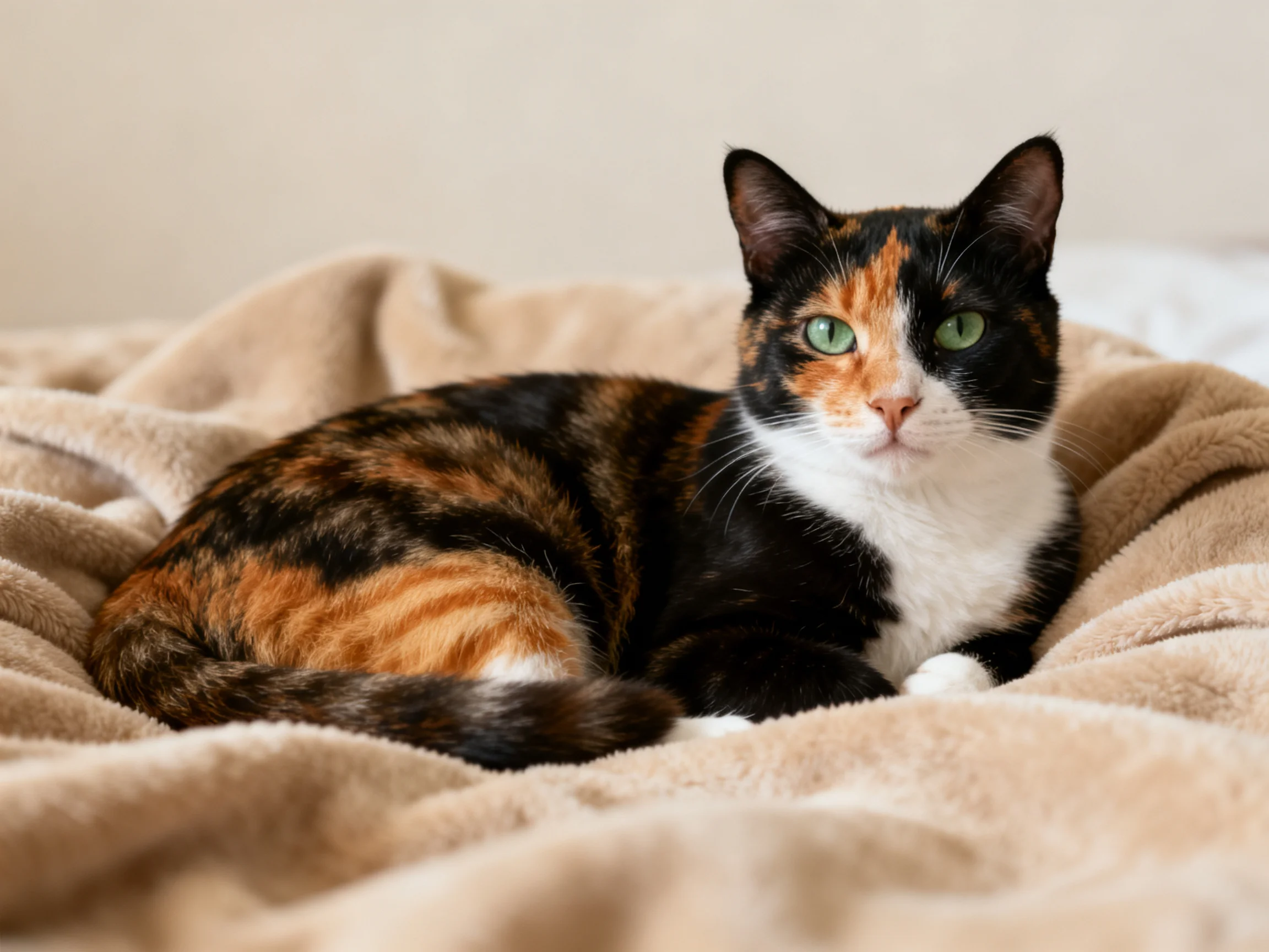 A calico cat with black, orange, and white fur relaxes on a plush beige blanket.