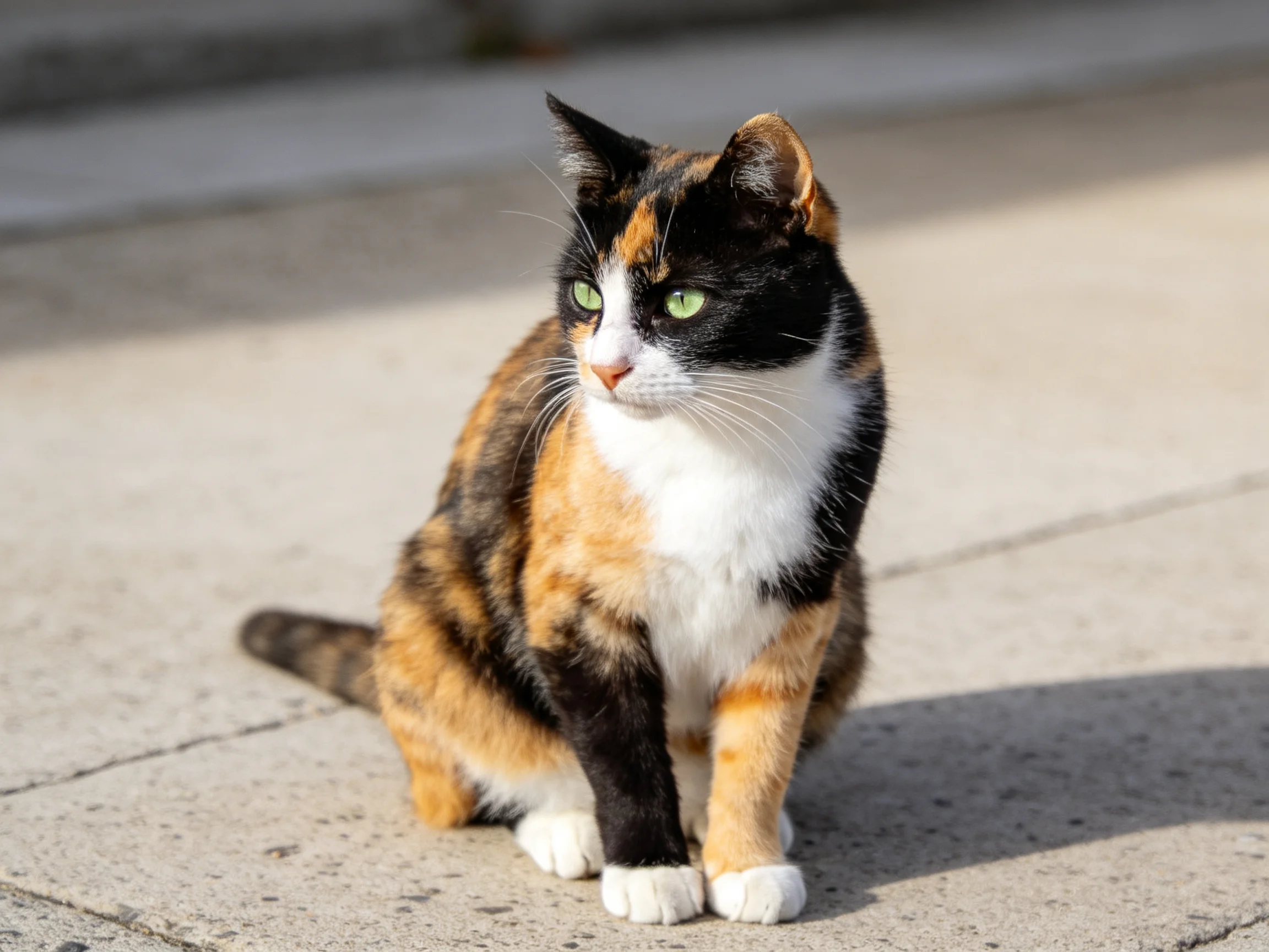 A calico cat with multicolored fur sits on a concrete sidewalk.