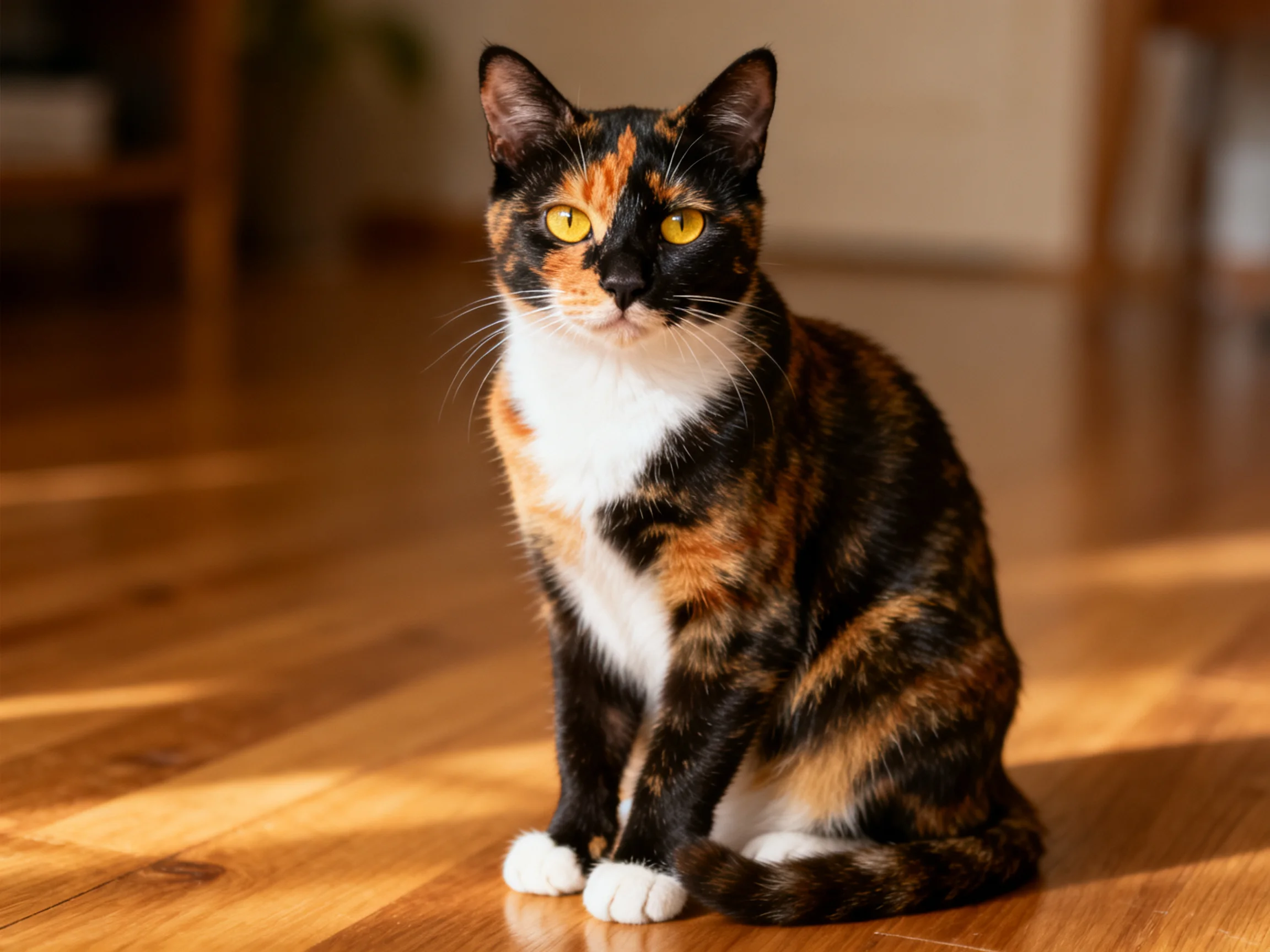 A calico cat sits calmly on a polished wooden floor in soft indoor lighting.