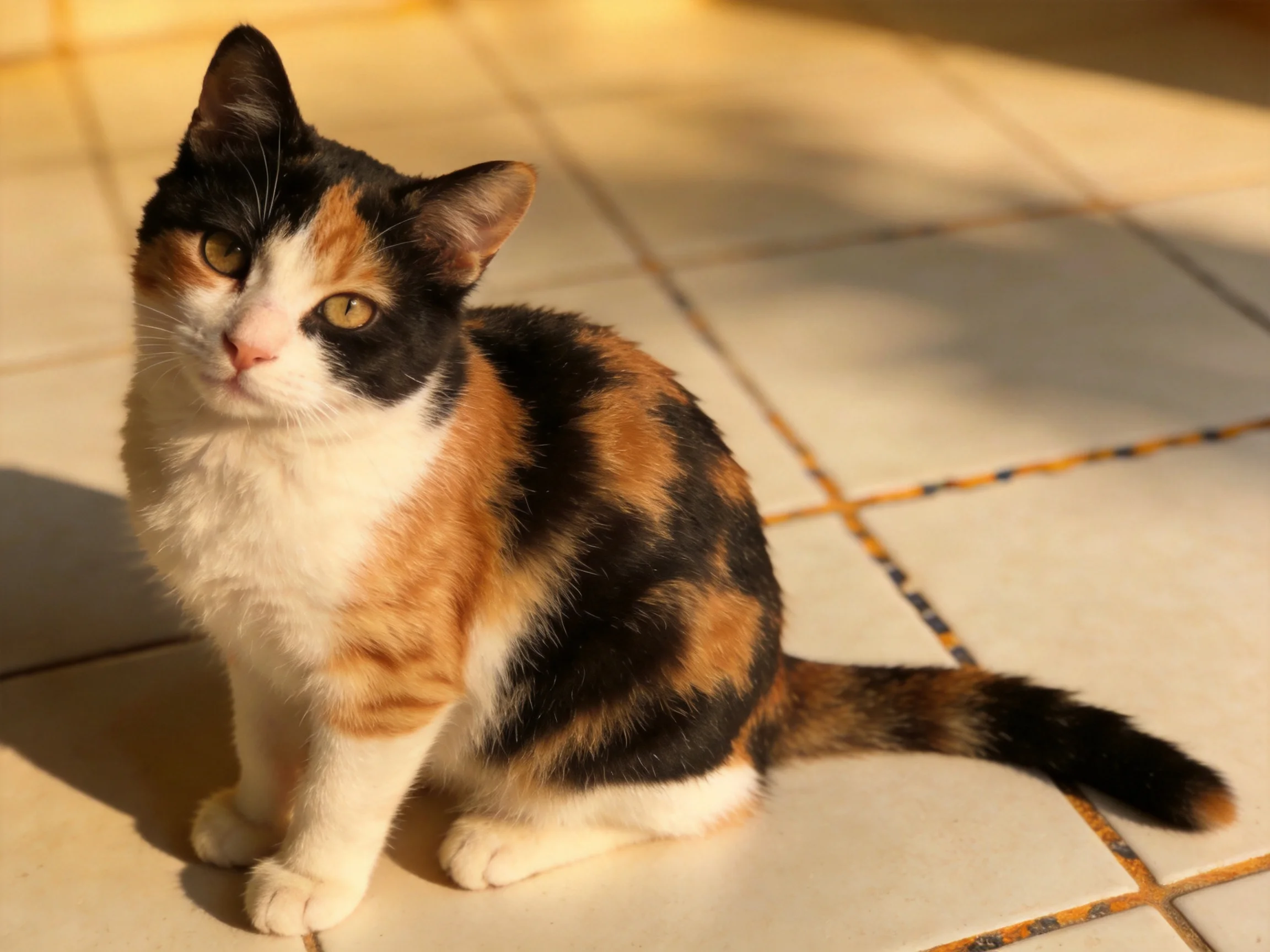 A calico cat sits calmly on a tiled floor in sunlight.