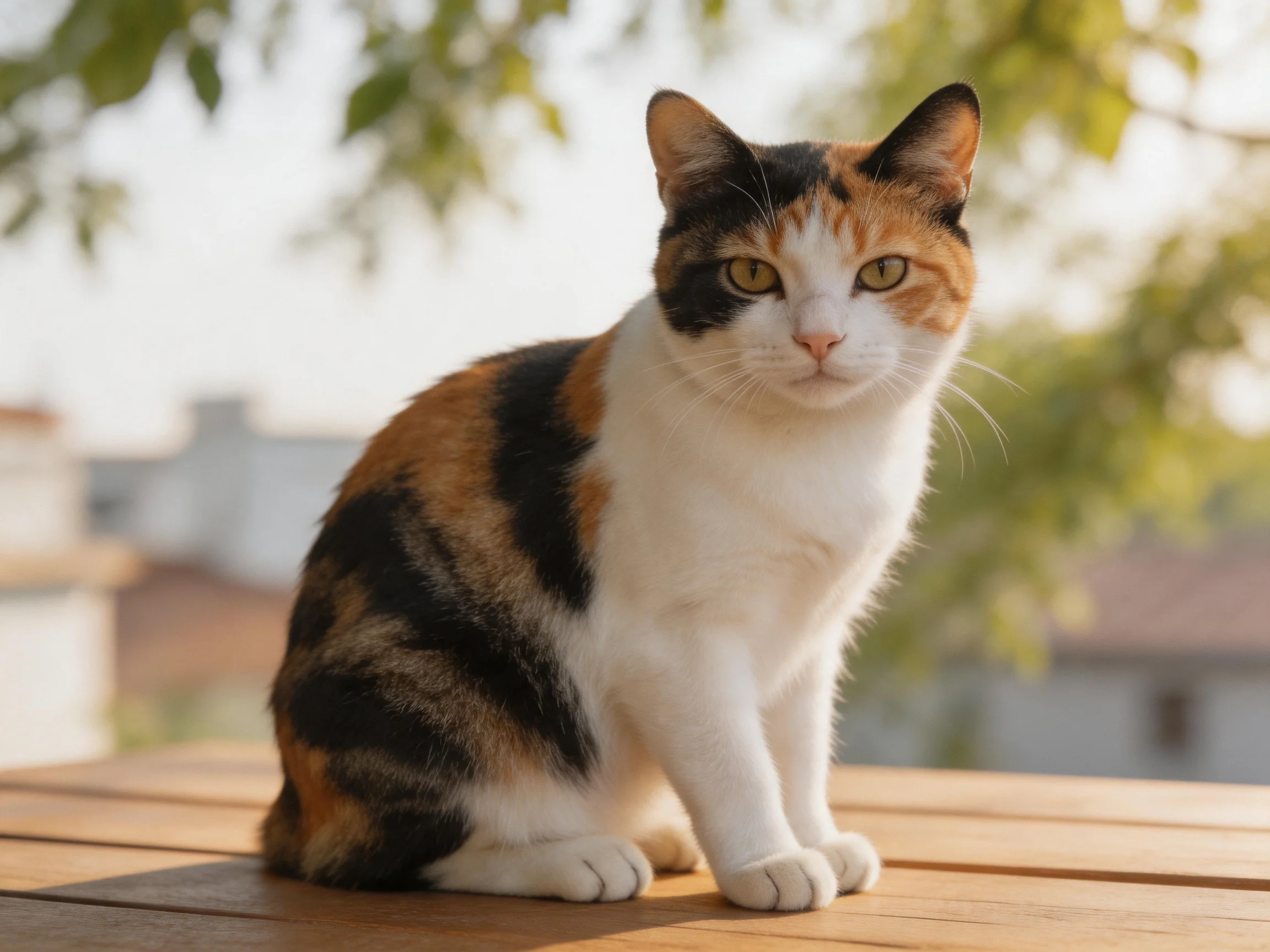 A calico cat with black, orange, and white fur sits calmly on an outdoor wooden table.