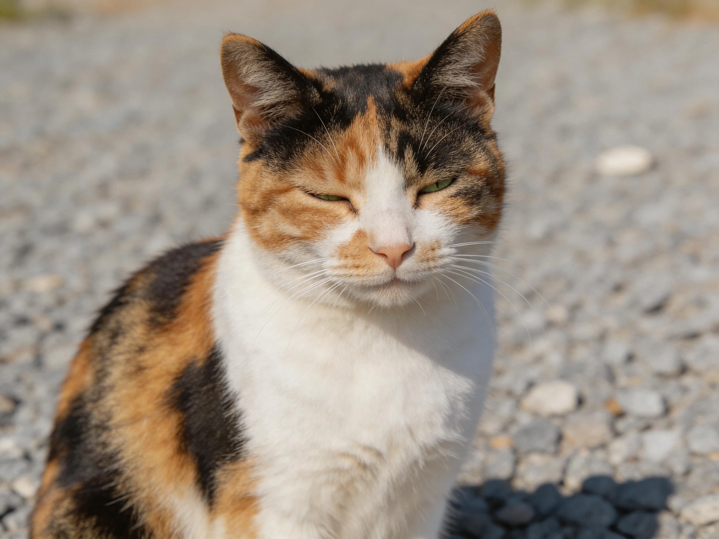 A calico cat with black, orange, and white fur sits on gravel.