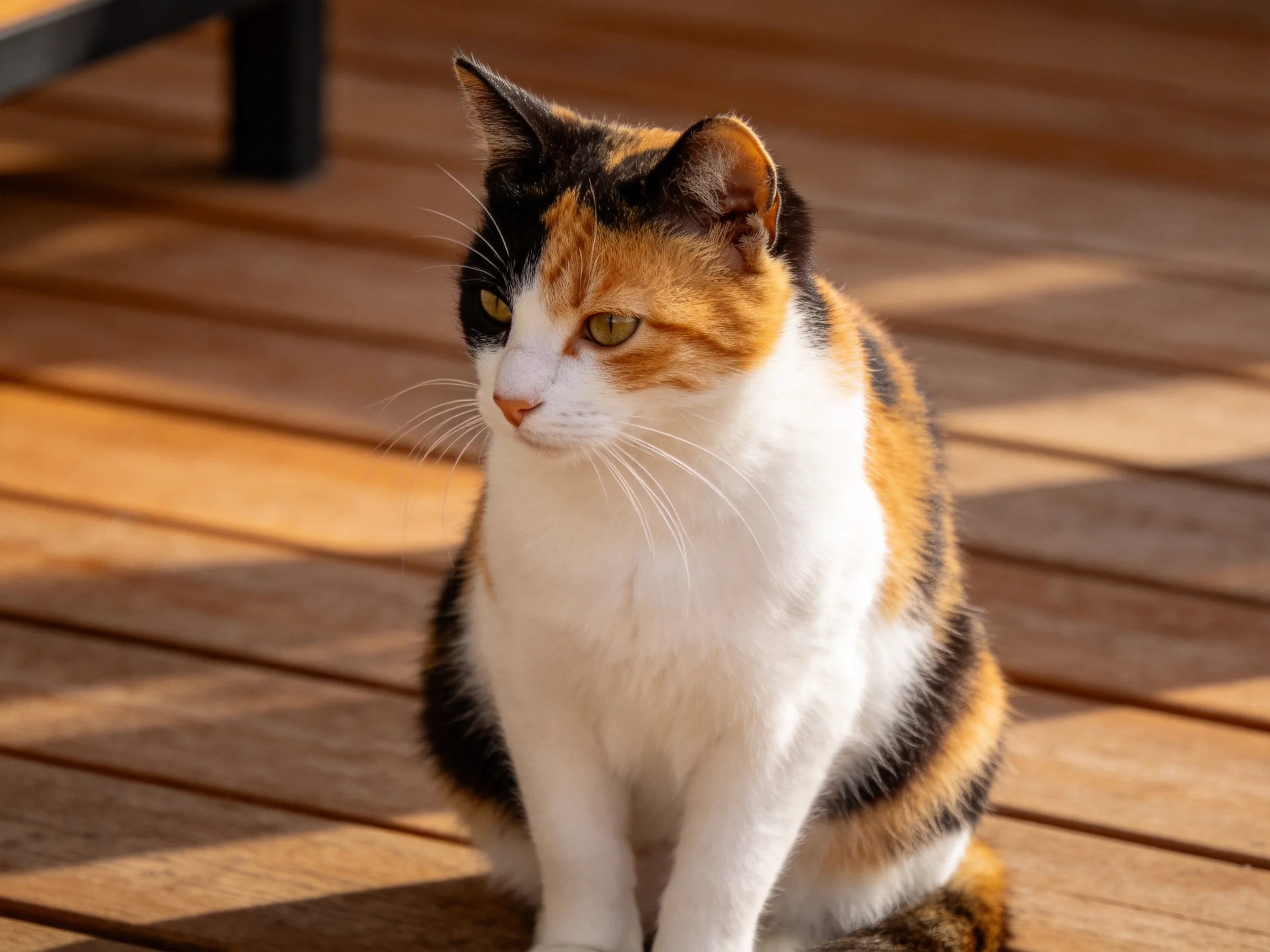 A calico cat with black, orange, and white fur sits on sunlit wooden planks.
