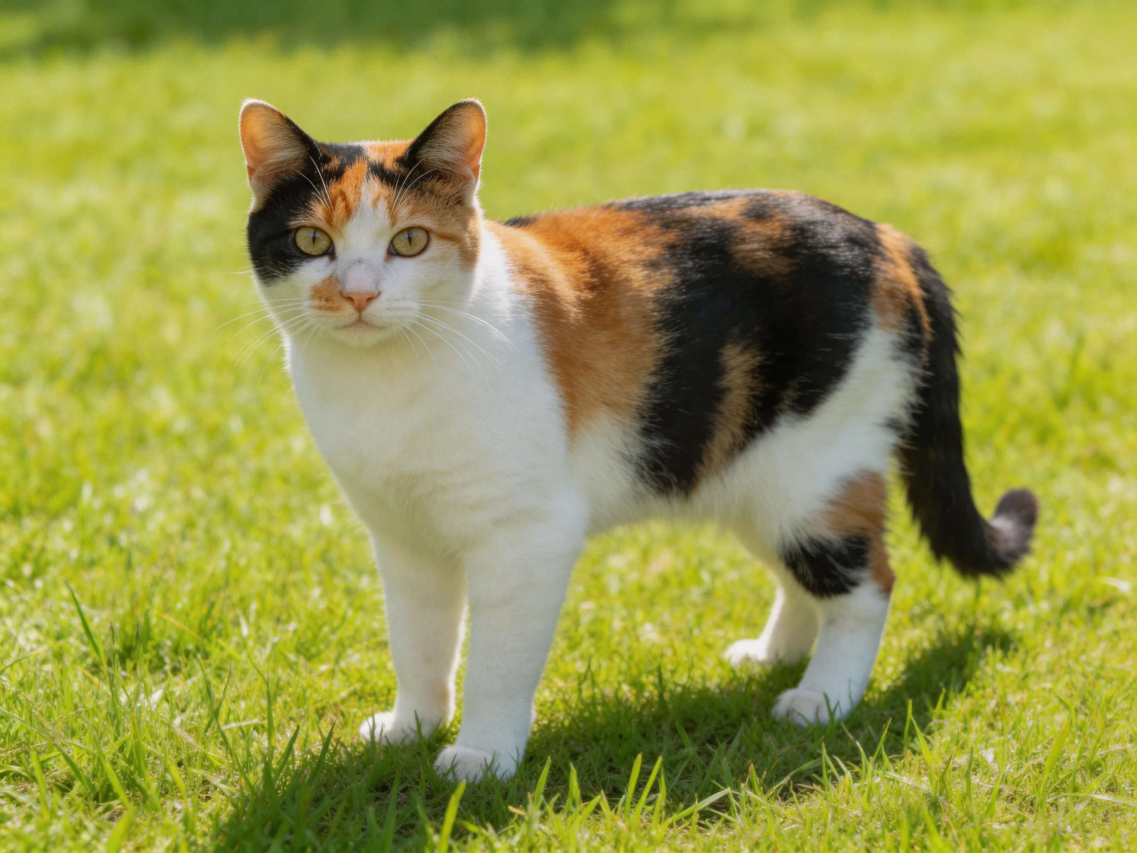 A calico cat with multicolored fur stands on green grass in bright sunlight.