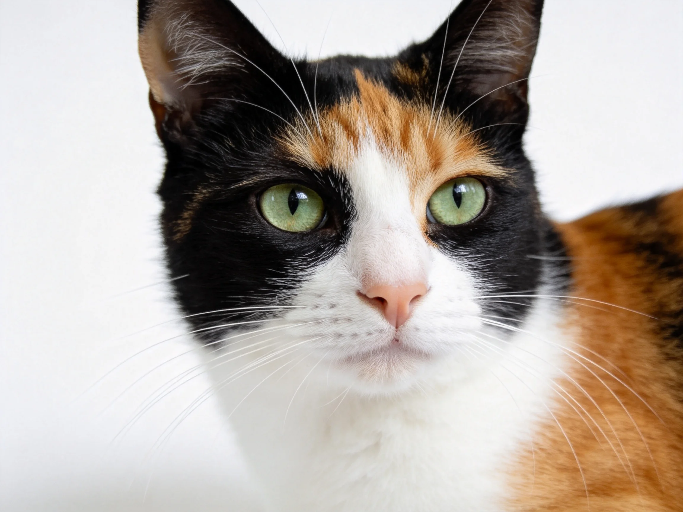 A close - up of a calico cat with green eyes on a plain white backdrop.