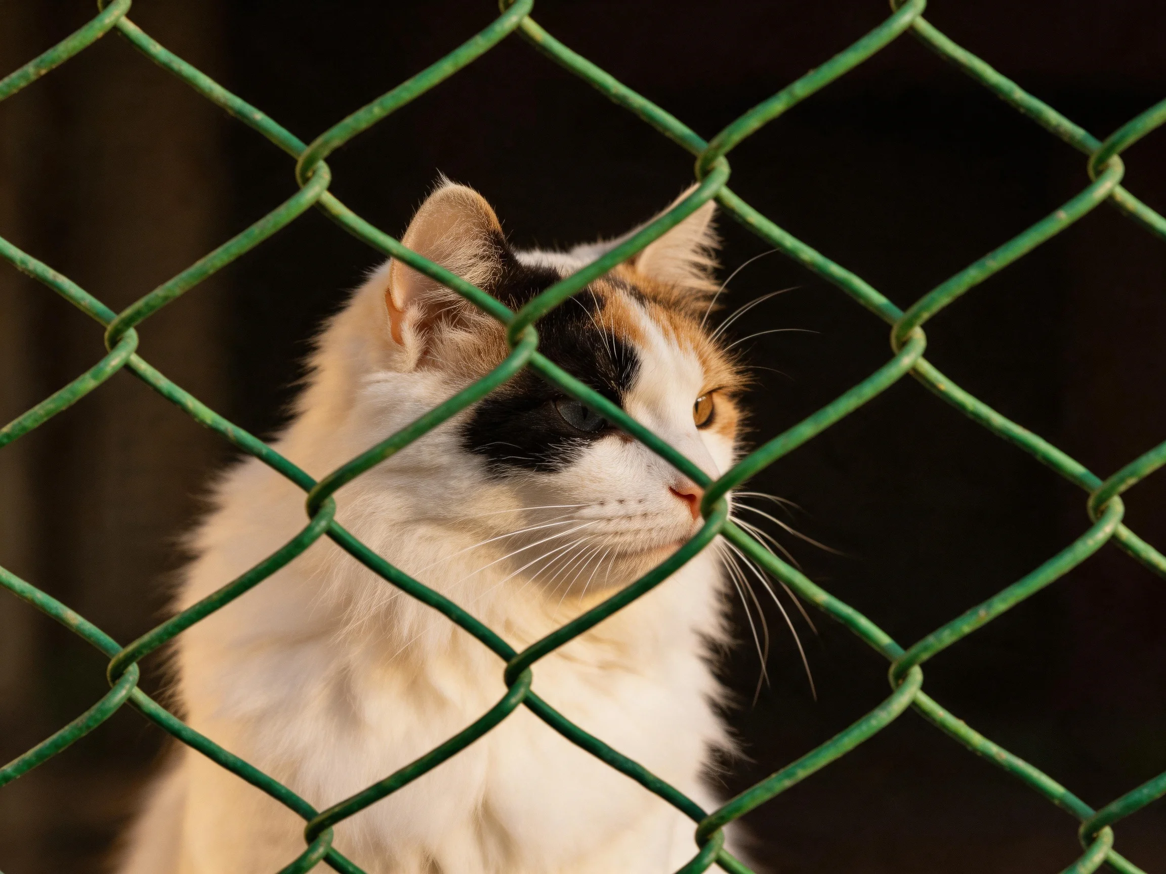 A calico cat with multicolored fur views through a green chain-link fence