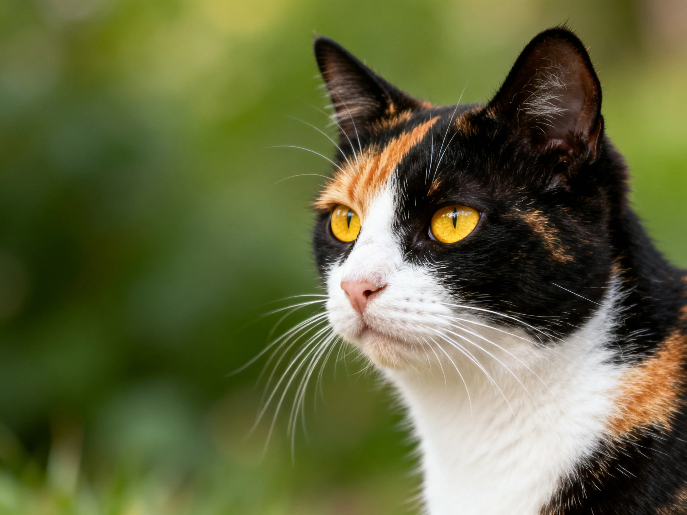 A calico cat with bright yellow eyes gazes attentively outdoors.