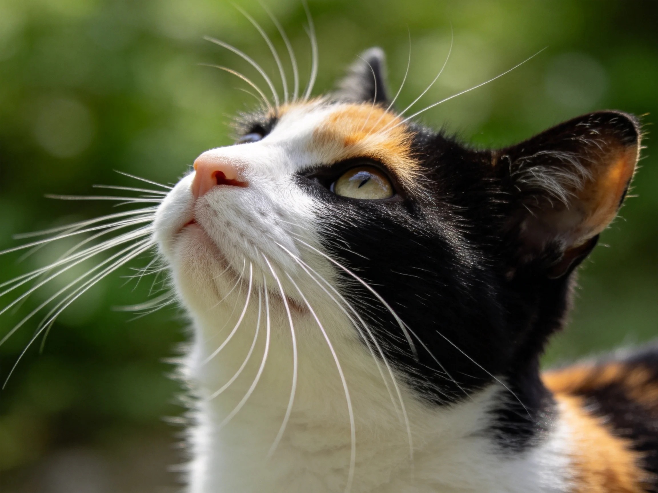 A calico cat gazes upward in a sunlit outdoor setting.