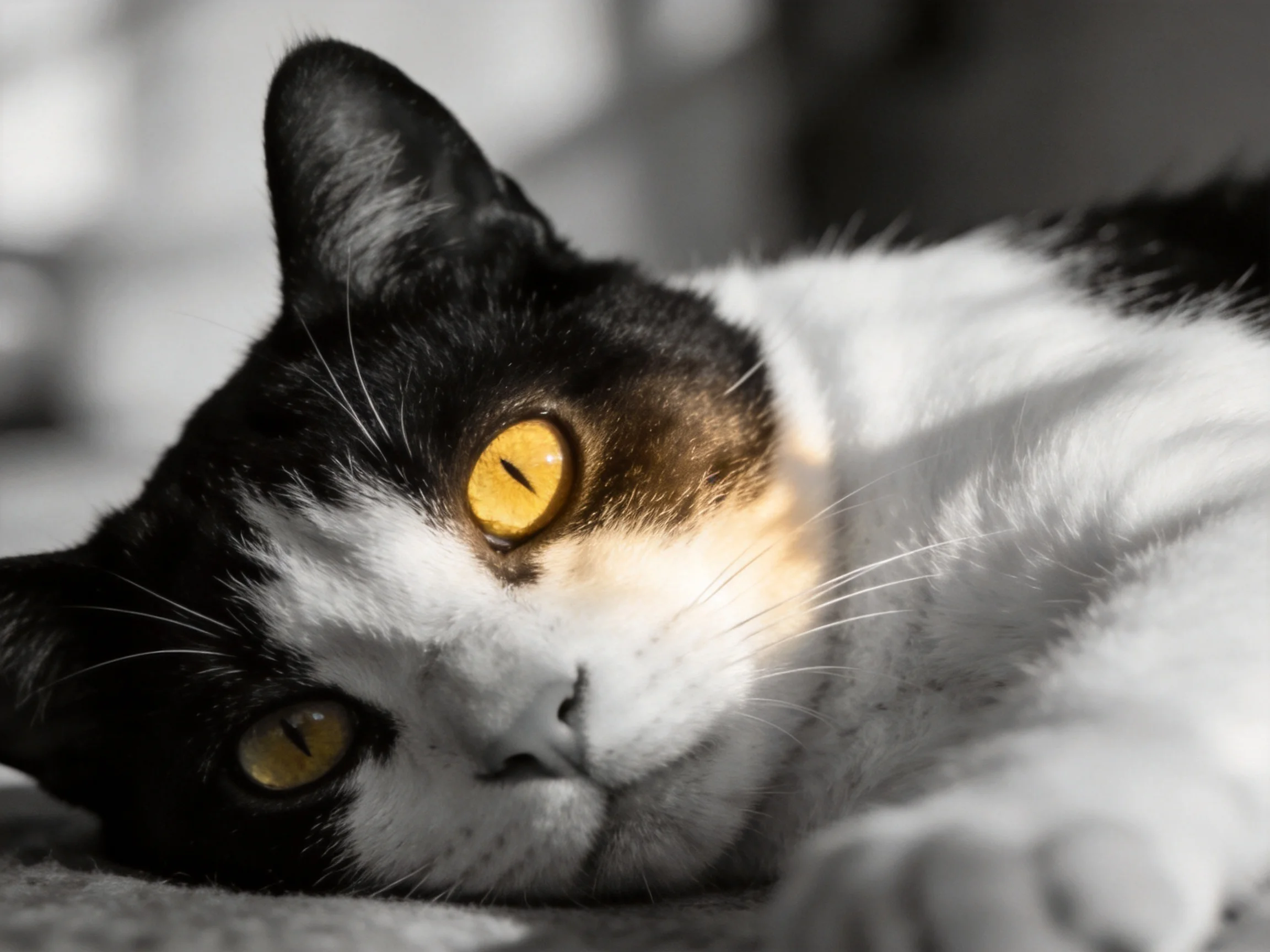 A calico cat with bright yellow eyes rests in a calm setting.