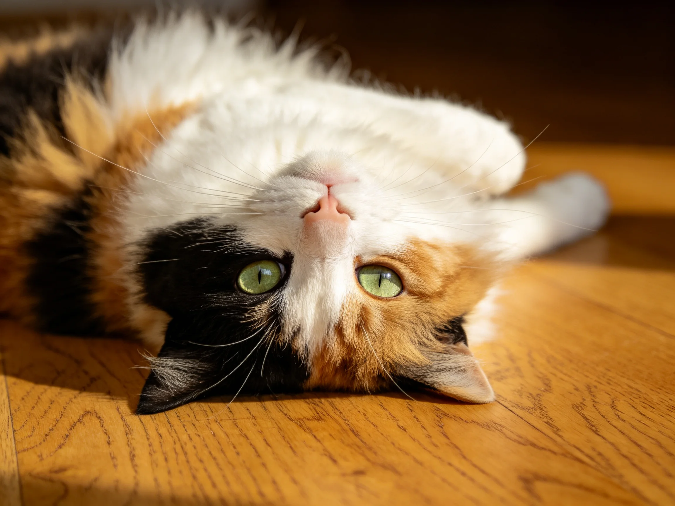 A calico cat with green eyes lies upside down on a wooden floor