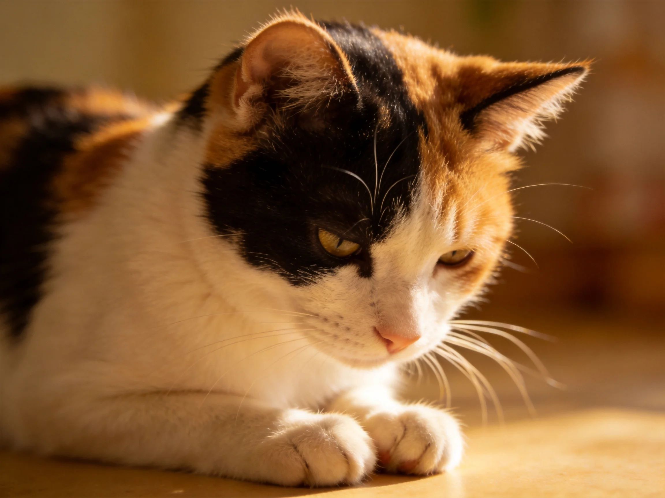 A calico cat rests quietly in warm light, showing its tri-colored fur.