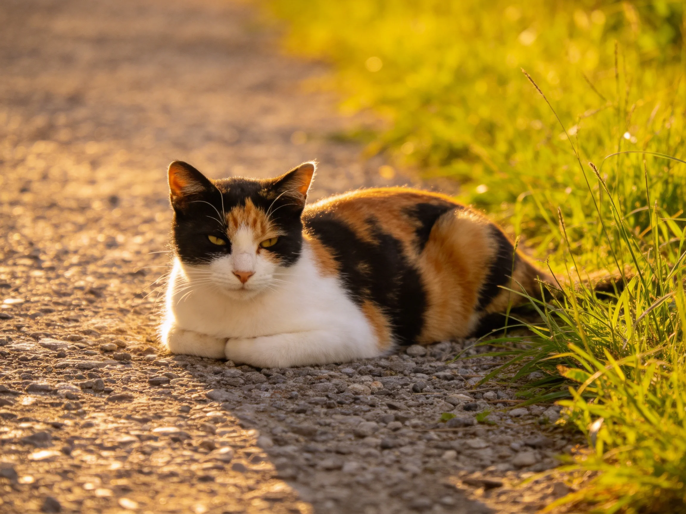 A calico cat rests on a gravel path near green grass.