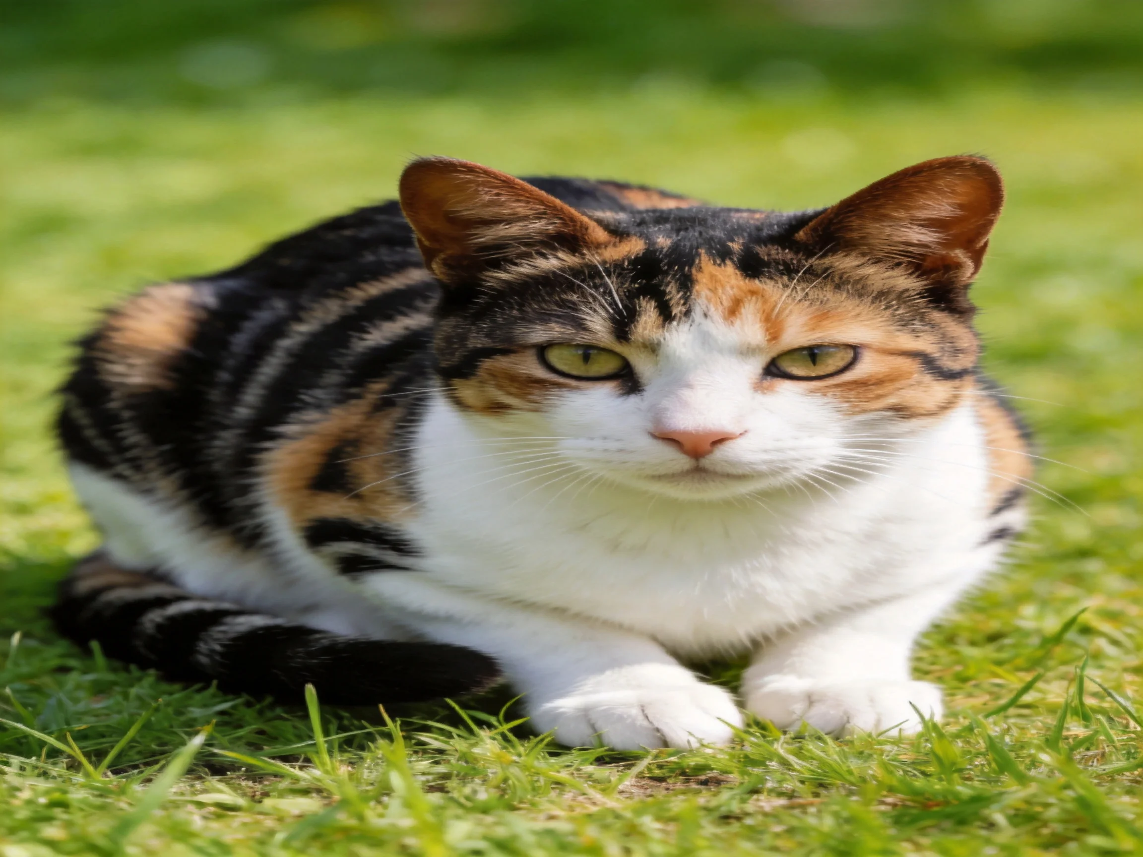 A calico cat lies calmly on green grass in bright daylight.