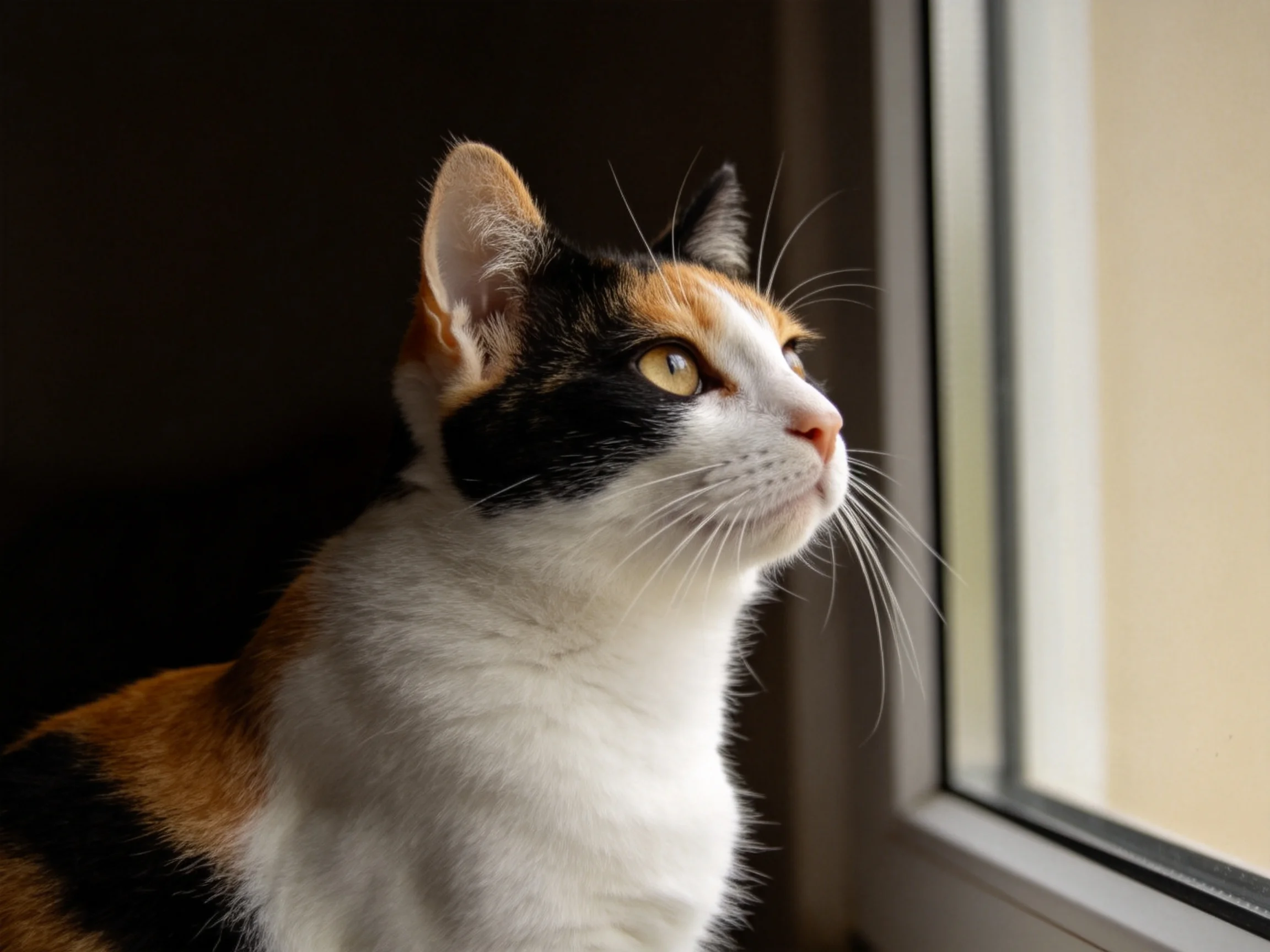 A calico cat sits by a bright window.