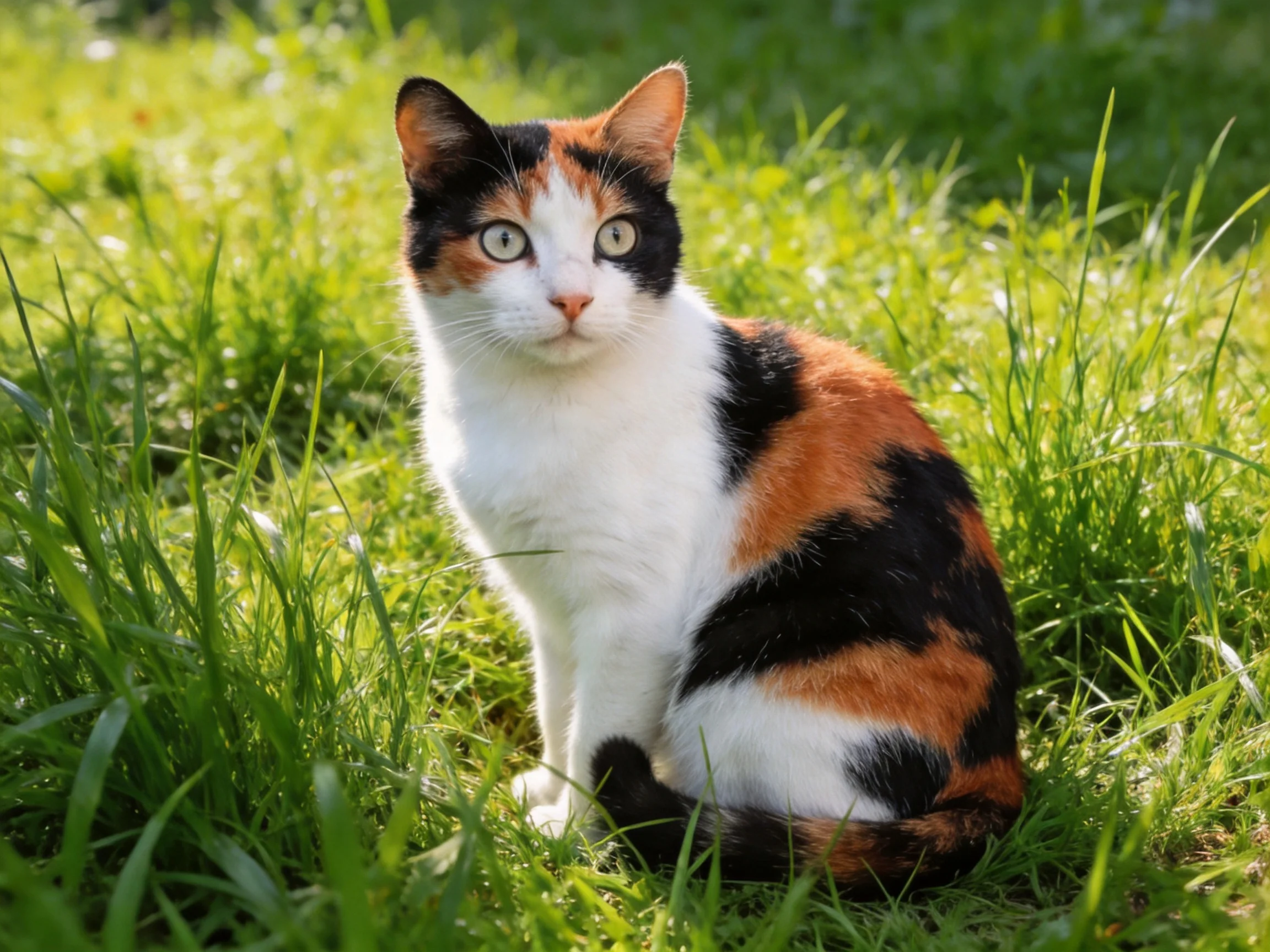 A calico cat with black, white, and orange fur sits in green grass.