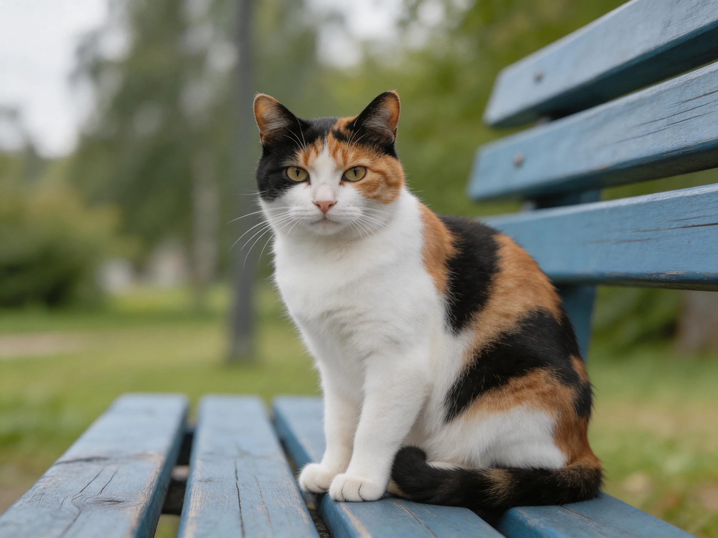 A calico cat sits on a blue wooden bench in a sunlit park with greenery