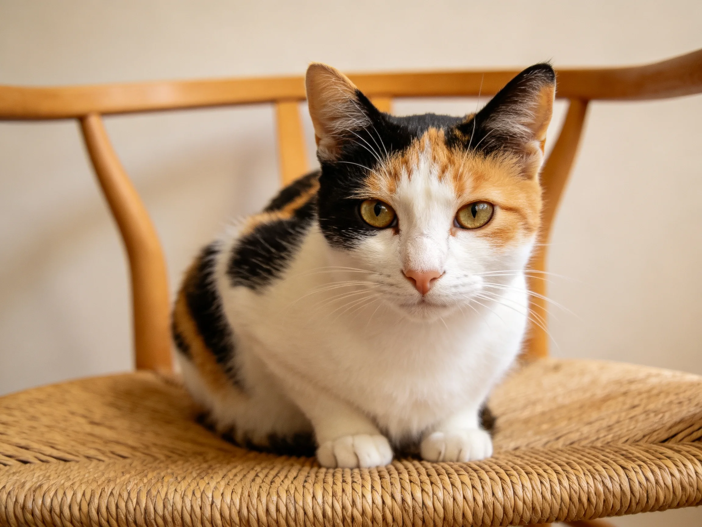 A calico cat with black, white, and orange fur sits on a wooden chair